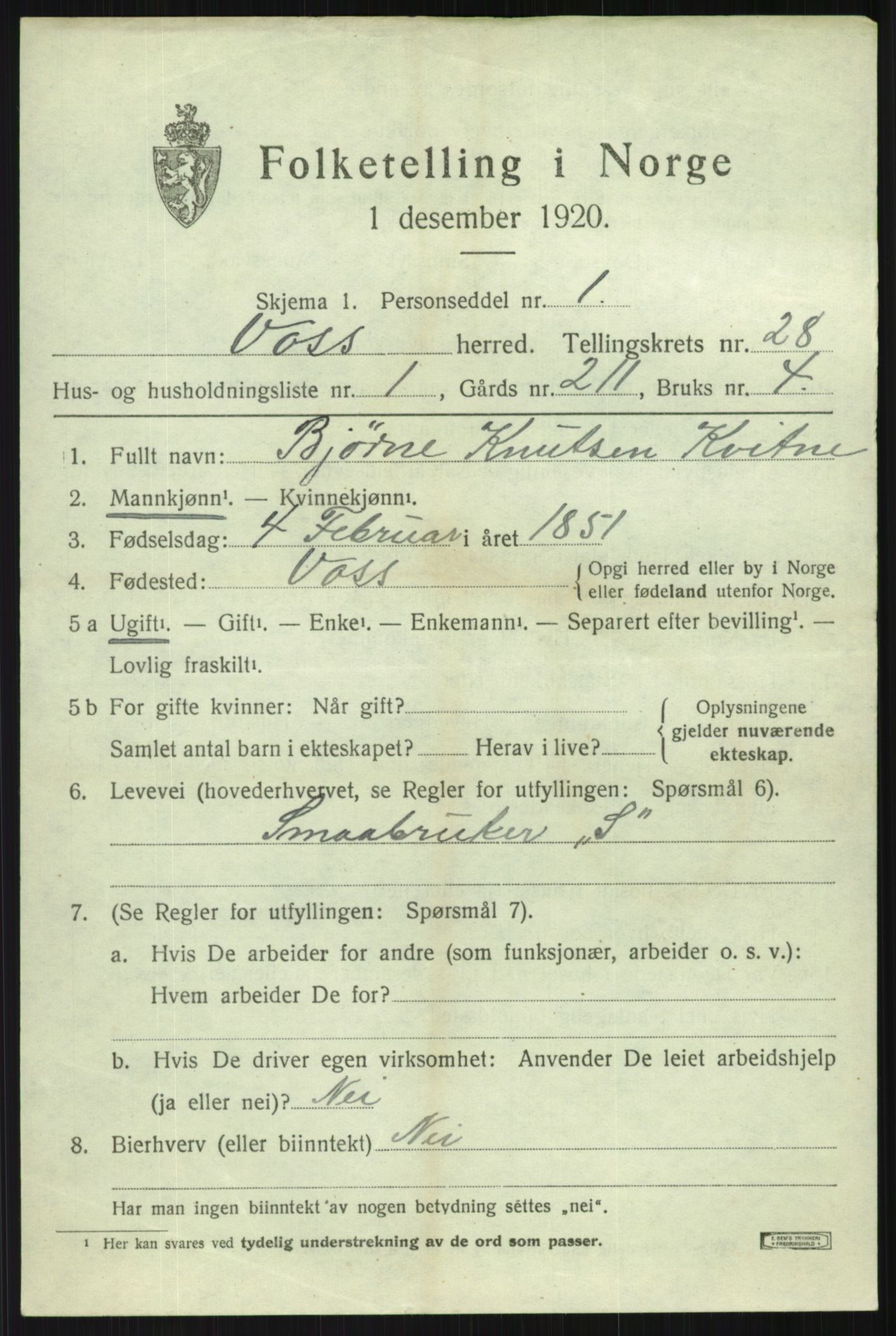 SAB, 1920 census for Voss, 1920, p. 18917