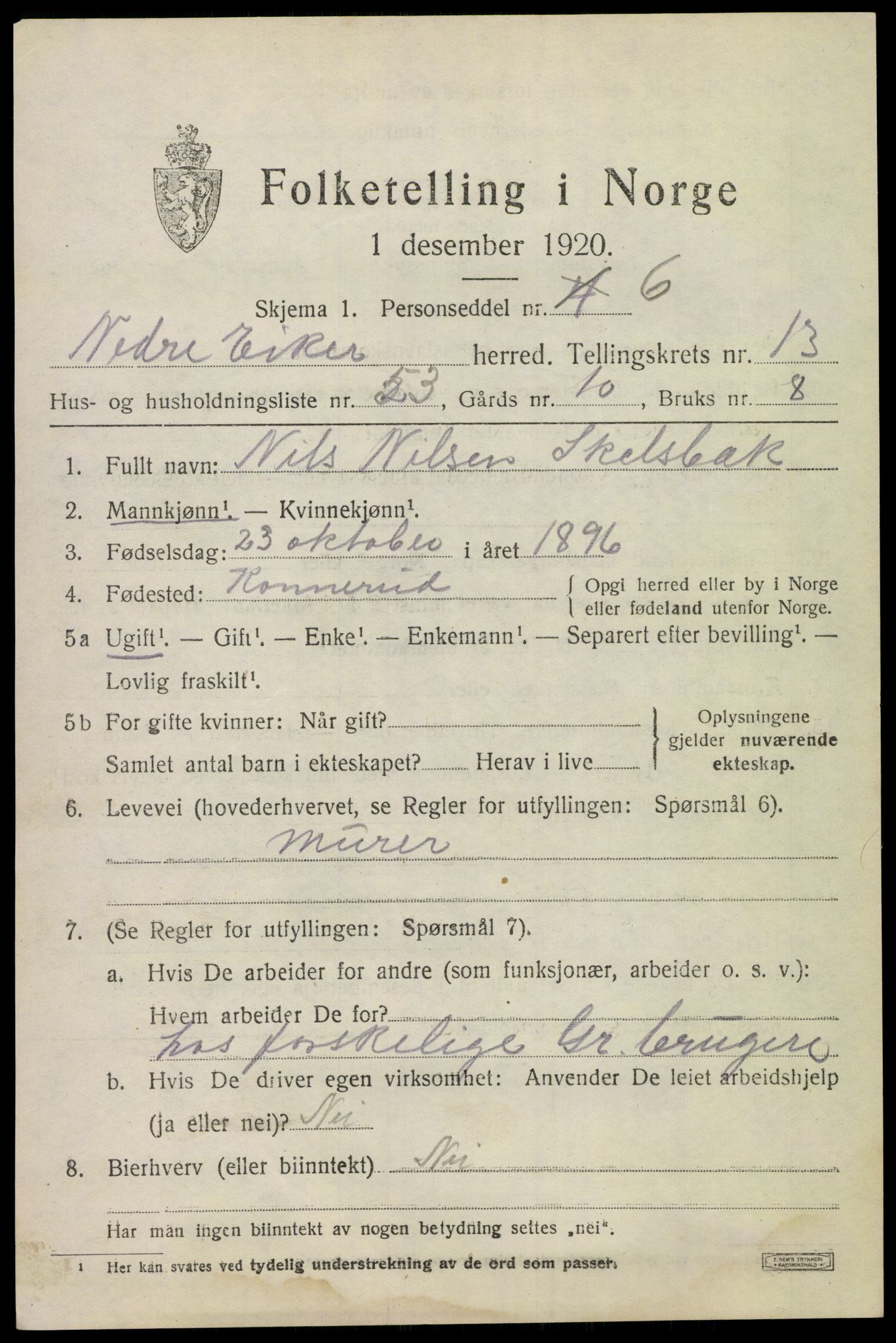 SAKO, 1920 census for Nedre Eiker, 1920, p. 15479