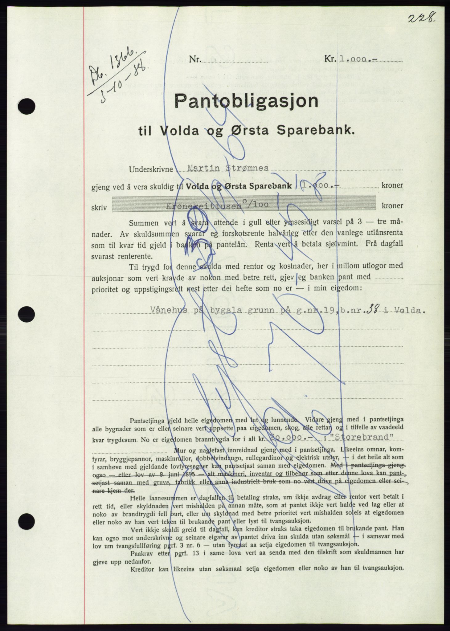 Søre Sunnmøre sorenskriveri, AV/SAT-A-4122/1/2/2C/L0066: Mortgage book no. 60, 1938-1938, Diary no: : 1366/1938