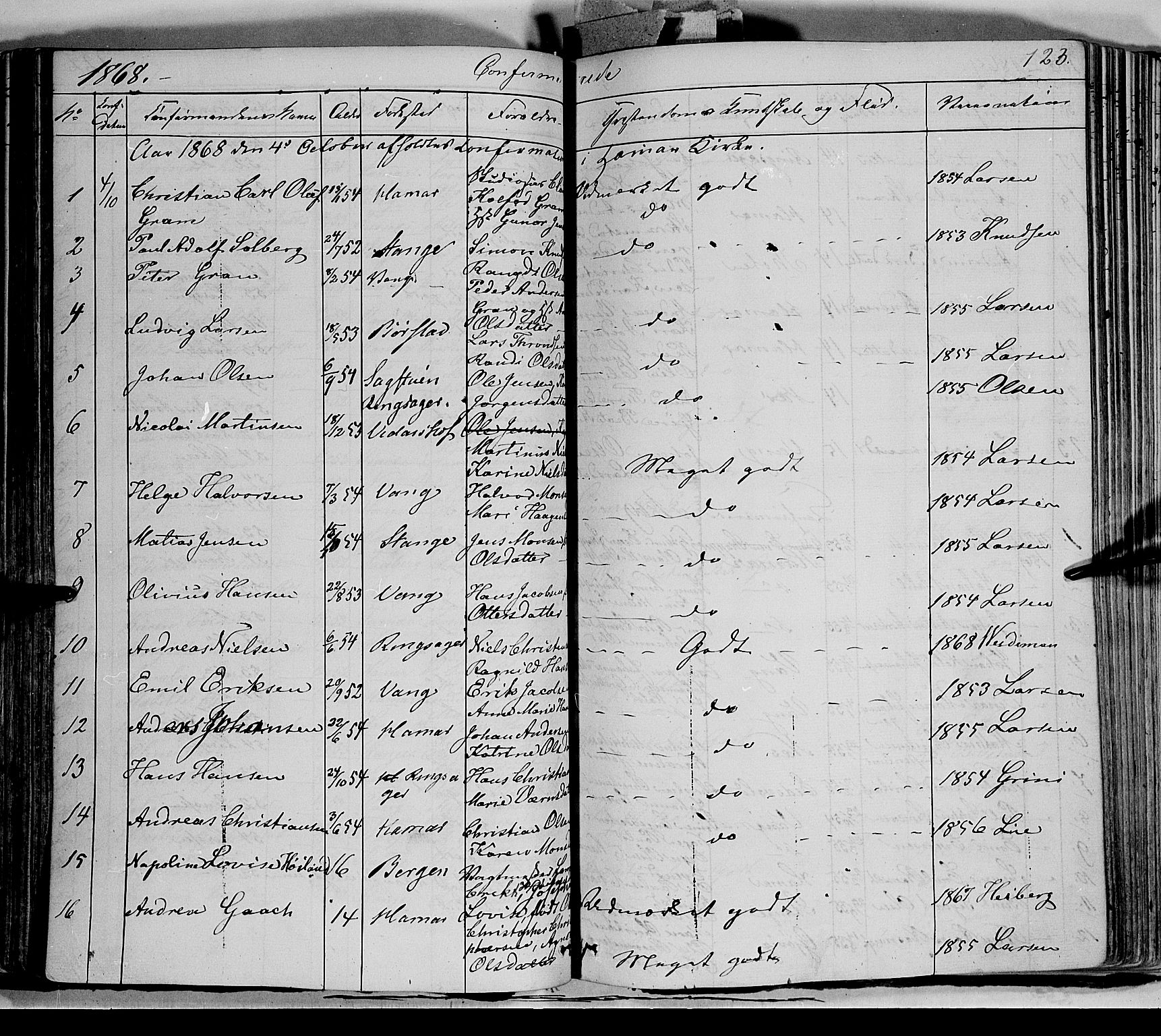 Vang prestekontor, Hedmark, SAH/PREST-008/H/Ha/Haa/L0011: Parish register (official) no. 11, 1852-1877, p. 123