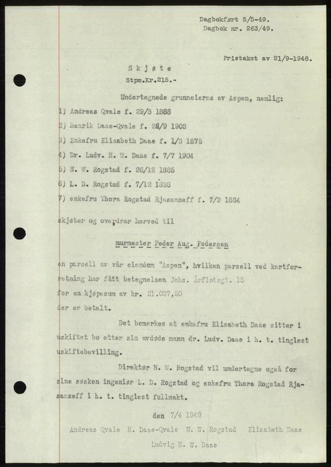 Ålesund byfogd, AV/SAT-A-4384: Mortgage book no. 37A (1), 1947-1949, Diary no: : 263/1949