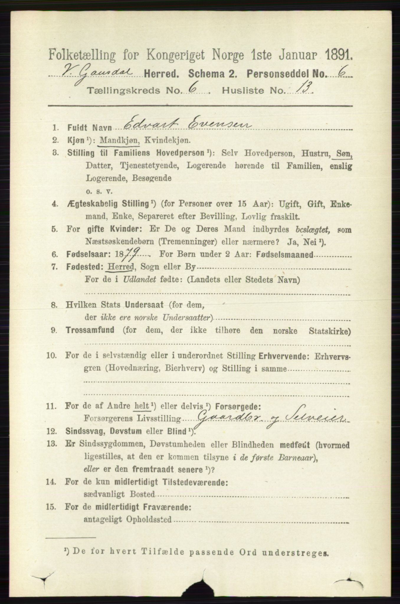 RA, 1891 census for 0523 Vestre Gausdal, 1891, p. 2641