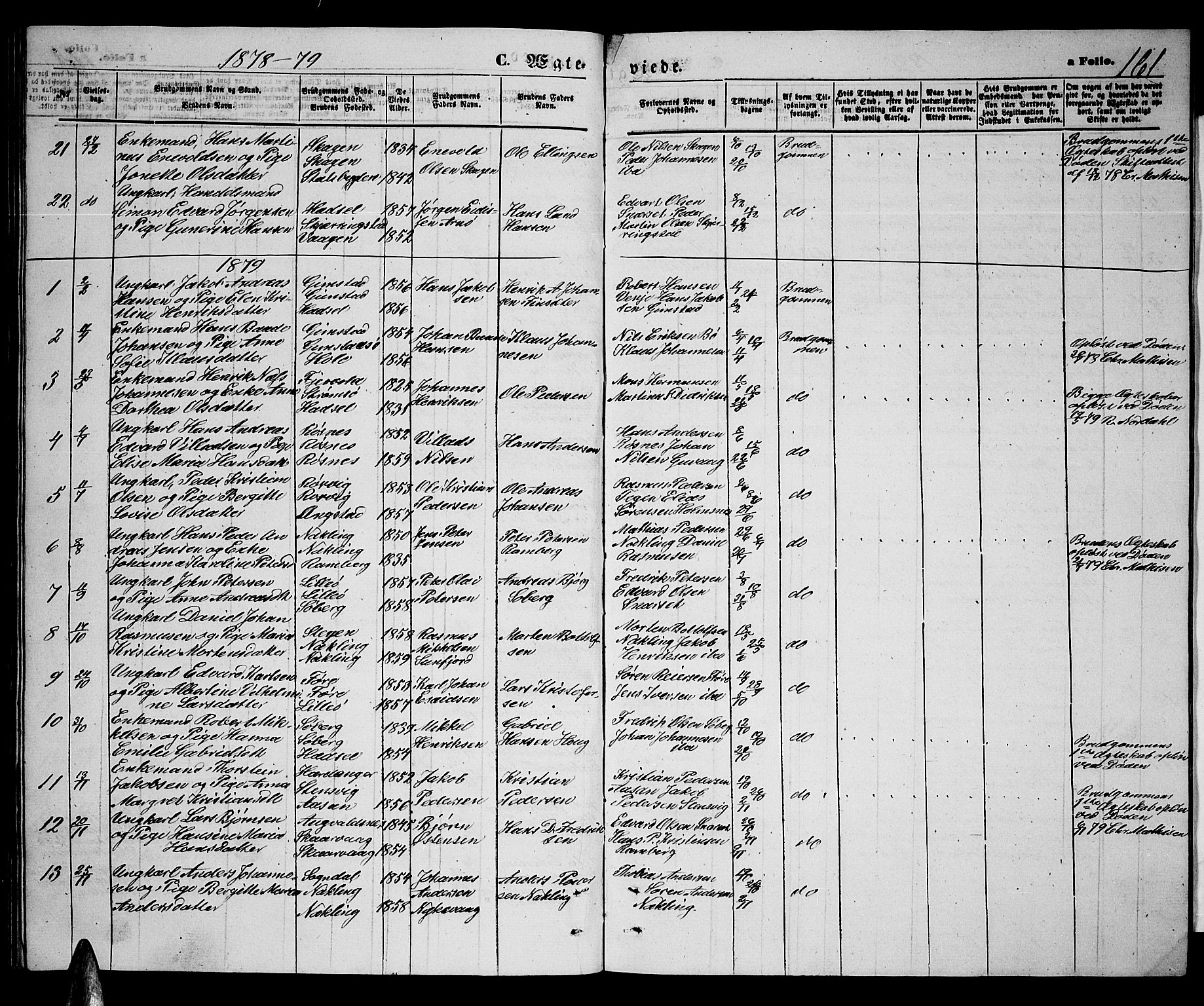 Ministerialprotokoller, klokkerbøker og fødselsregistre - Nordland, AV/SAT-A-1459/891/L1314: Parish register (copy) no. 891C03, 1870-1885, p. 161