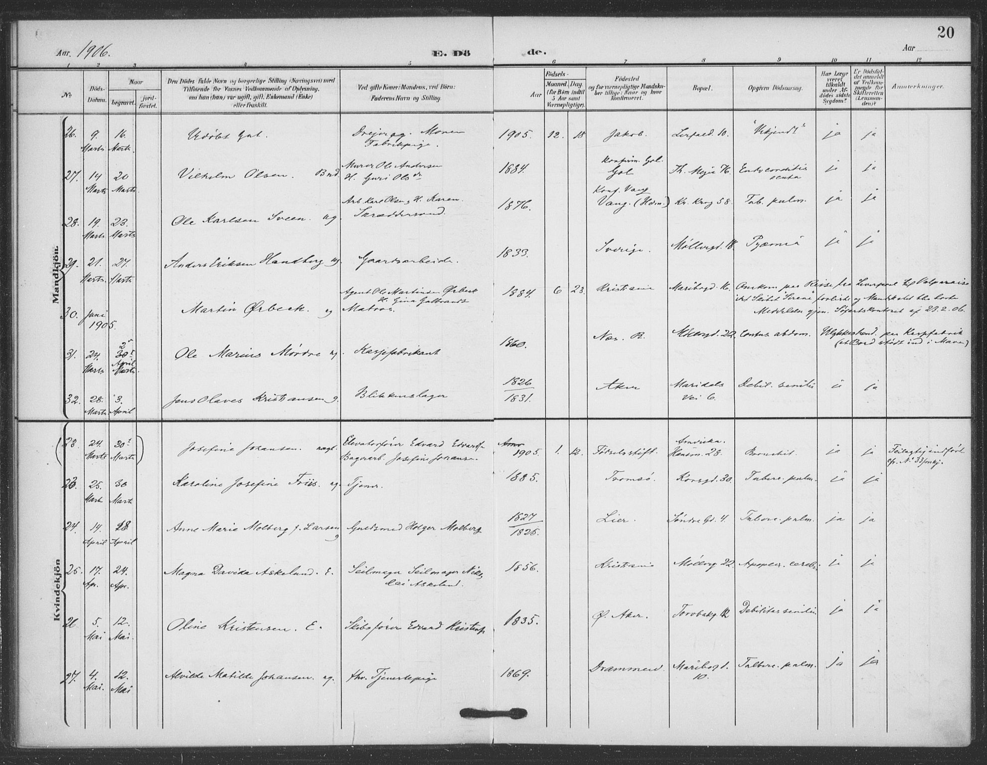 Jakob prestekontor Kirkebøker, AV/SAO-A-10850/F/Fa/L0011: Parish register (official) no. 11, 1906-1920, p. 20