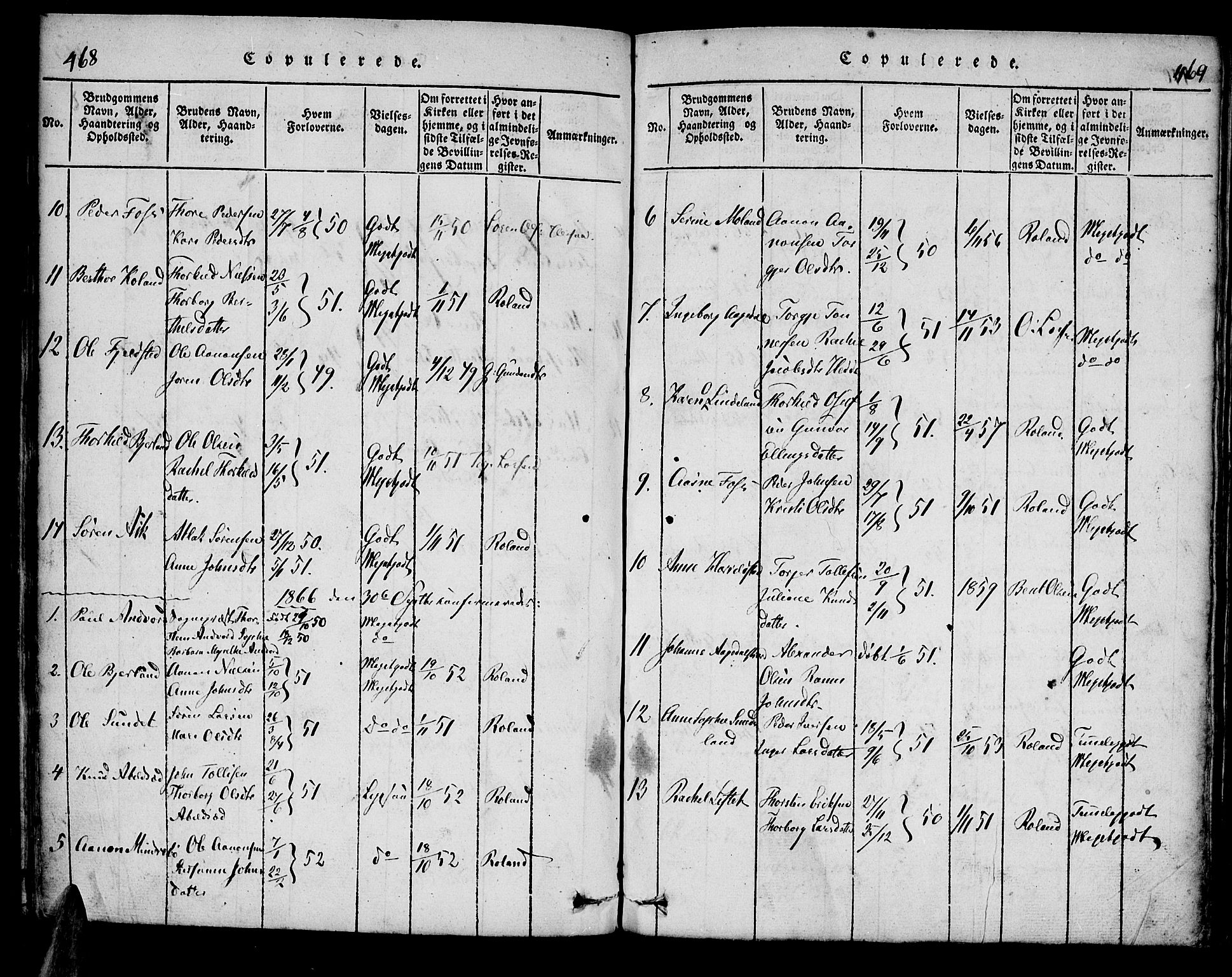 Bjelland sokneprestkontor, SAK/1111-0005/F/Fa/Faa/L0002: Parish register (official) no. A 2, 1816-1866, p. 468-469