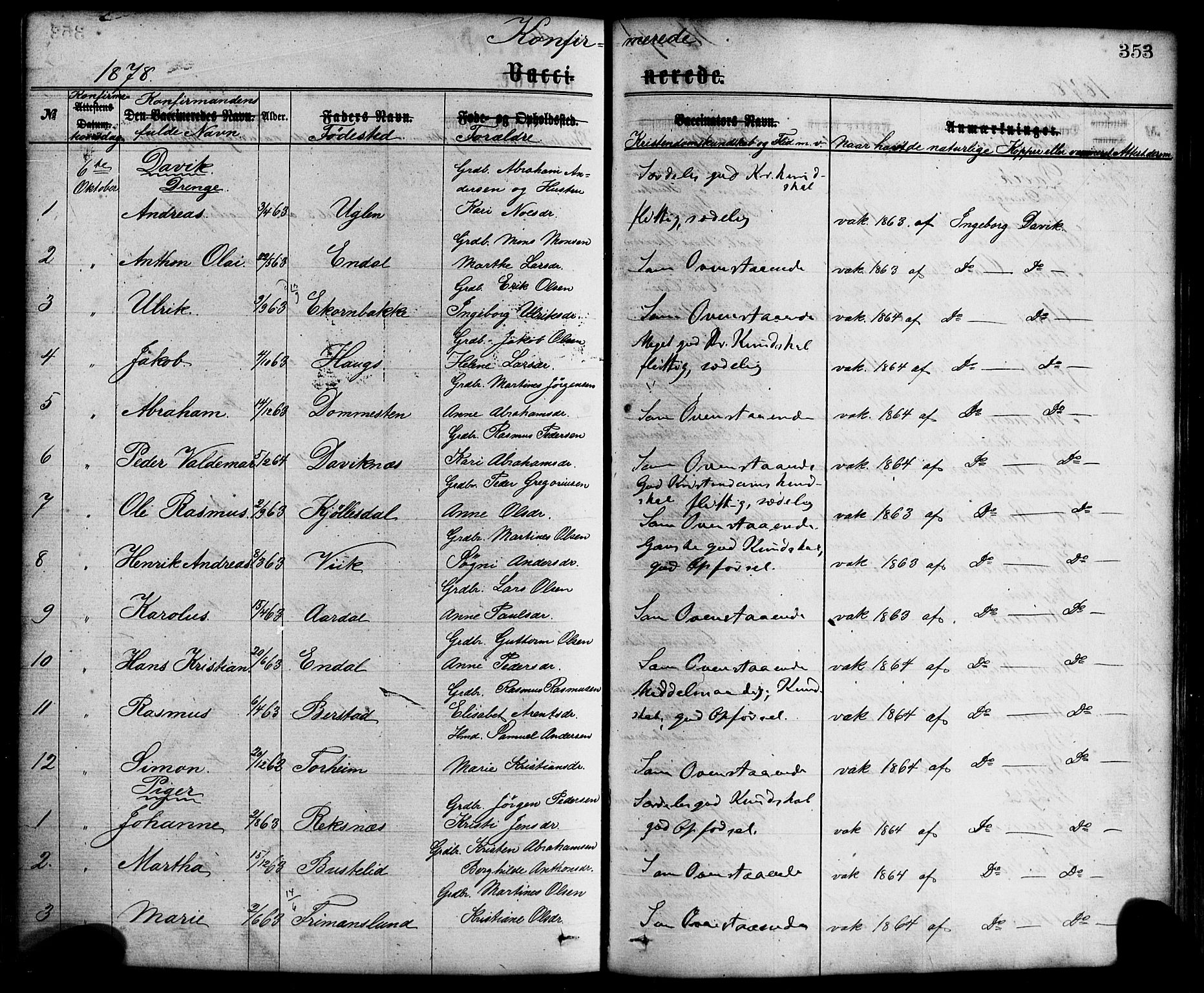 Davik sokneprestembete, AV/SAB-A-79701/H/Haa/Haaa/L0006: Parish register (official) no. A 6, 1867-1881, p. 353