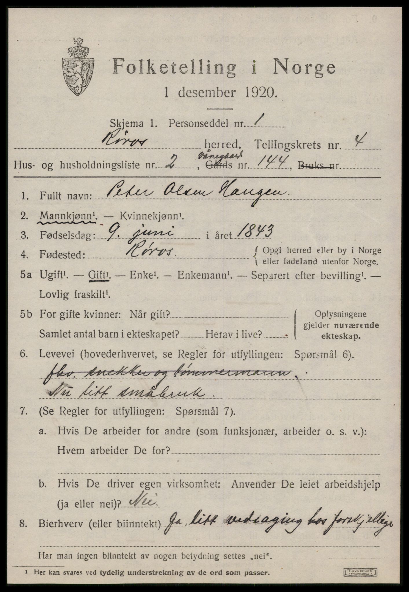 SAT, 1920 census for Røros, 1920, p. 4516