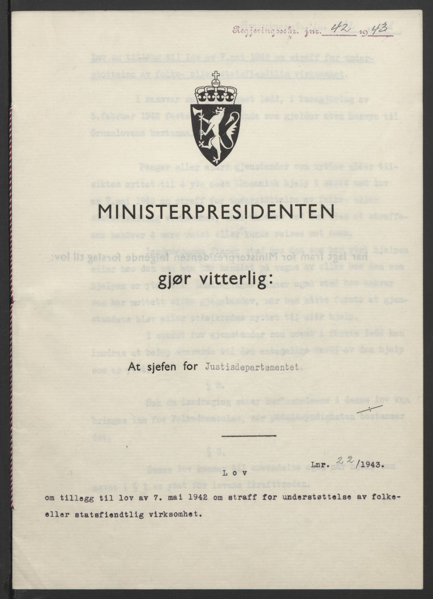 NS-administrasjonen 1940-1945 (Statsrådsekretariatet, de kommisariske statsråder mm), RA/S-4279/D/Db/L0099: Lover, 1943, p. 89
