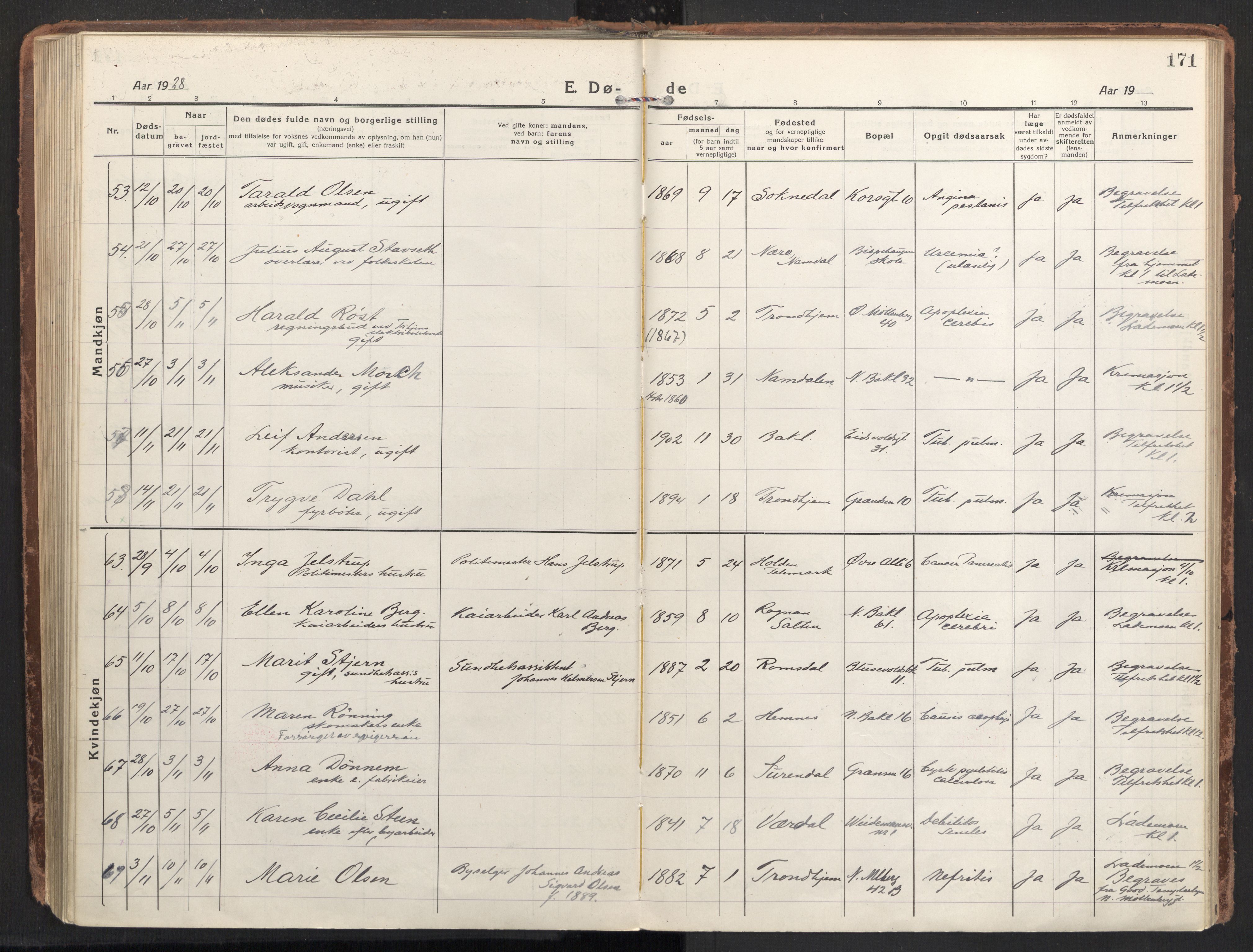 Ministerialprotokoller, klokkerbøker og fødselsregistre - Sør-Trøndelag, AV/SAT-A-1456/604/L0207: Parish register (official) no. 604A27, 1917-1933, p. 171