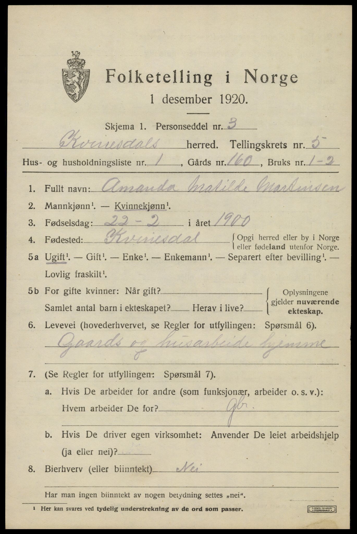 SAK, 1920 census for Kvinesdal, 1920, p. 5707