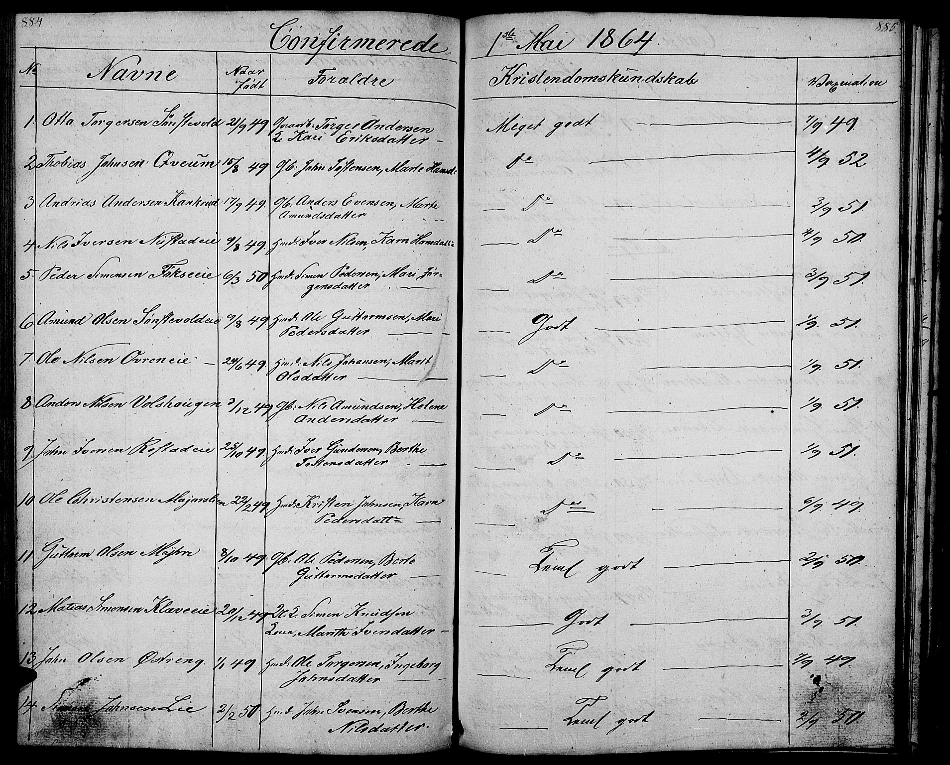 Gausdal prestekontor, SAH/PREST-090/H/Ha/Hab/L0004: Parish register (copy) no. 4, 1835-1870, p. 884-885