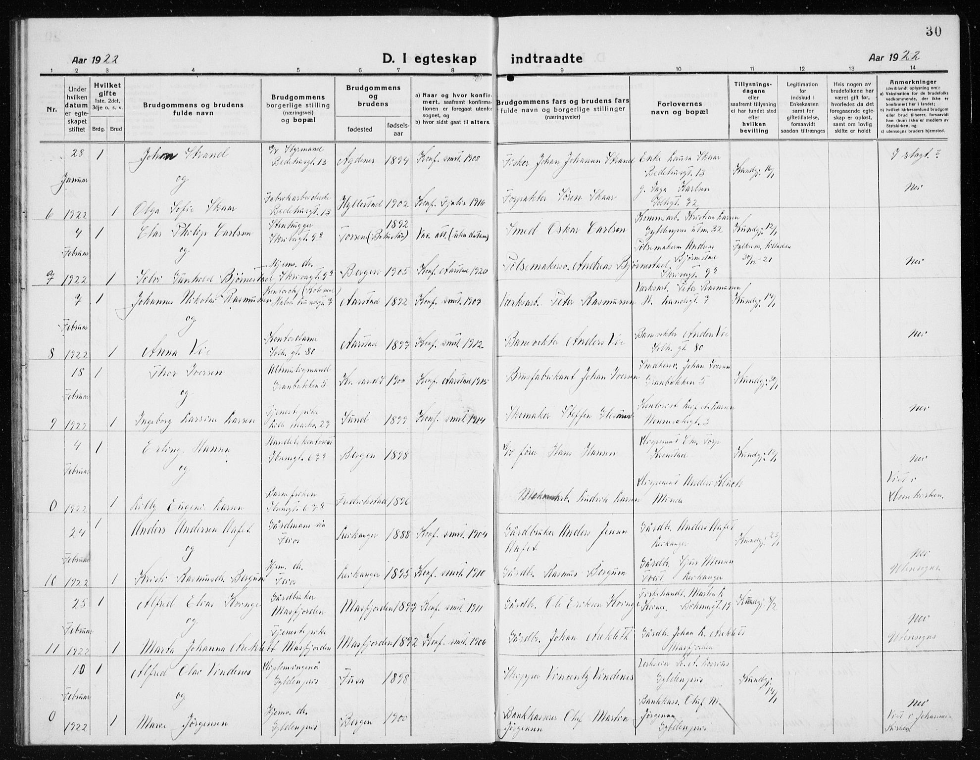 Årstad Sokneprestembete, AV/SAB-A-79301/H/Hab/L0020: Parish register (copy) no. C  2, 1920-1935, p. 30