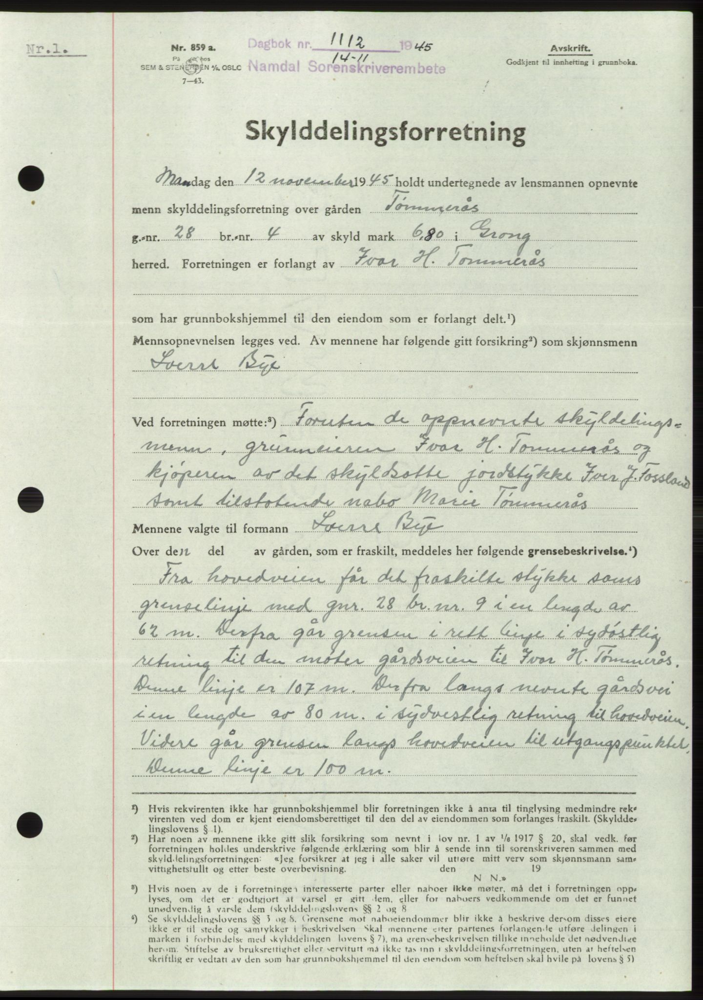 Namdal sorenskriveri, AV/SAT-A-4133/1/2/2C: Mortgage book no. -, 1944-1945, Diary no: : 1112/1945
