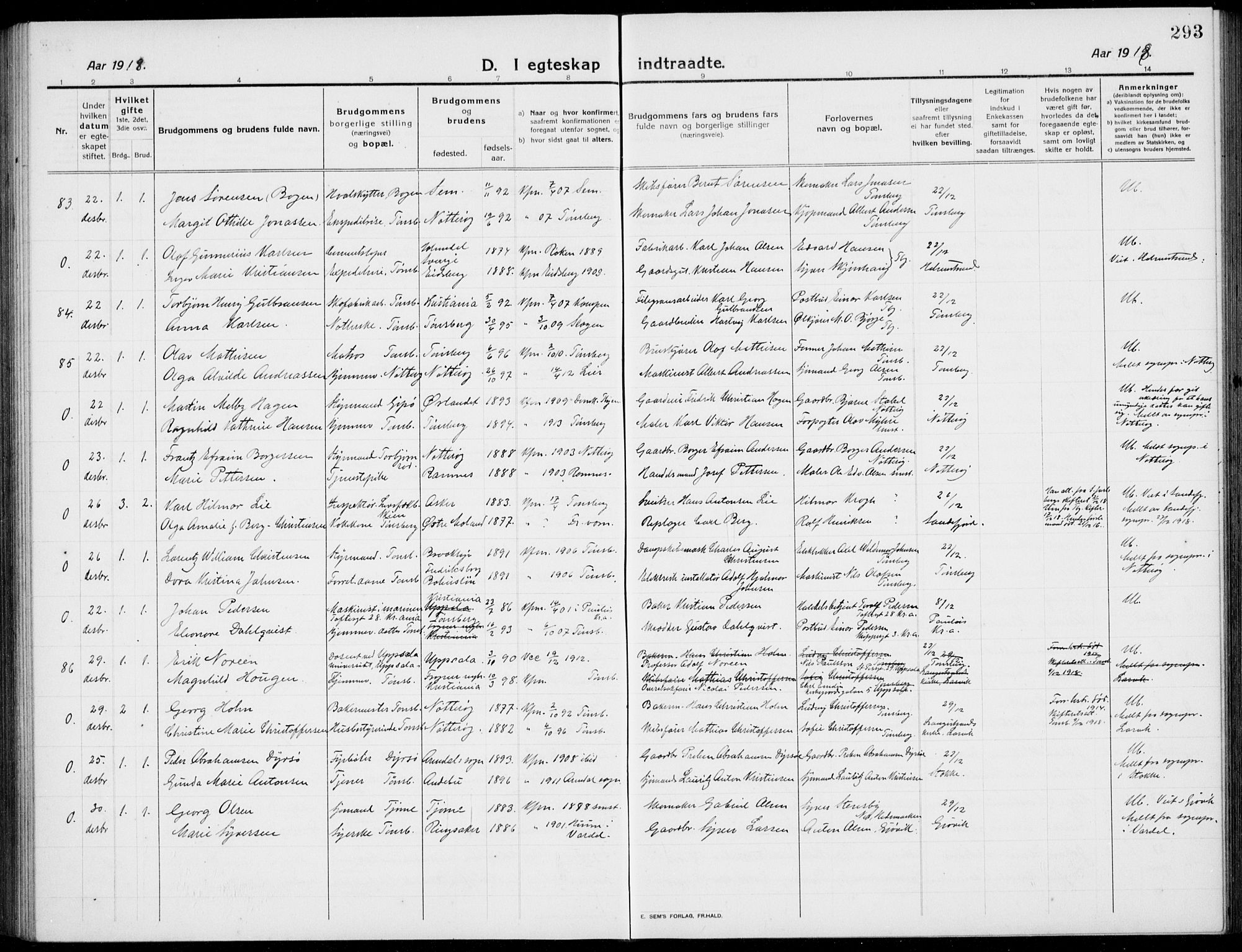 Tønsberg kirkebøker, AV/SAKO-A-330/G/Ga/L0009: Parish register (copy) no. 9, 1913-1920, p. 293