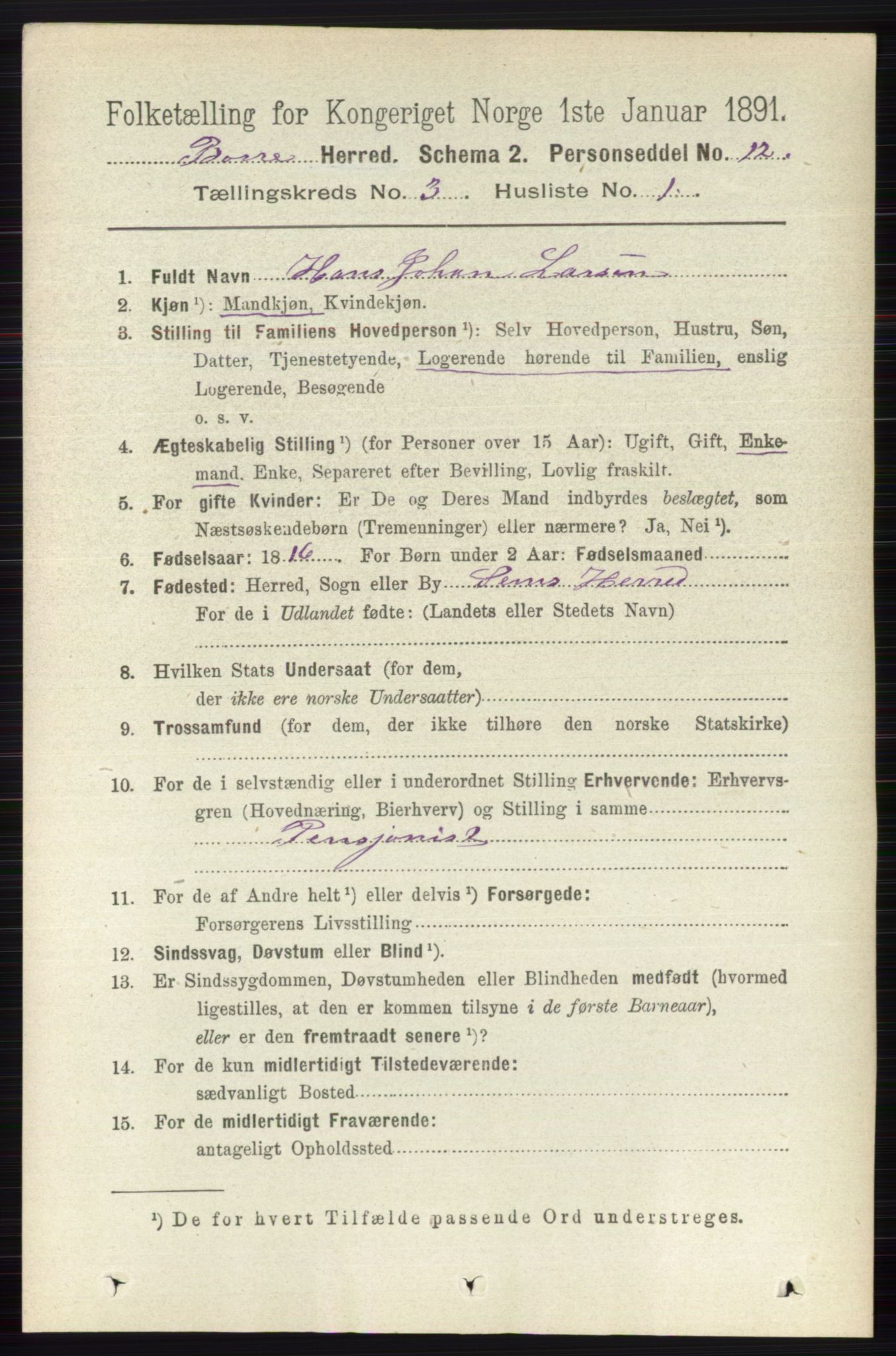 RA, 1891 census for 0717 Borre, 1891, p. 1226