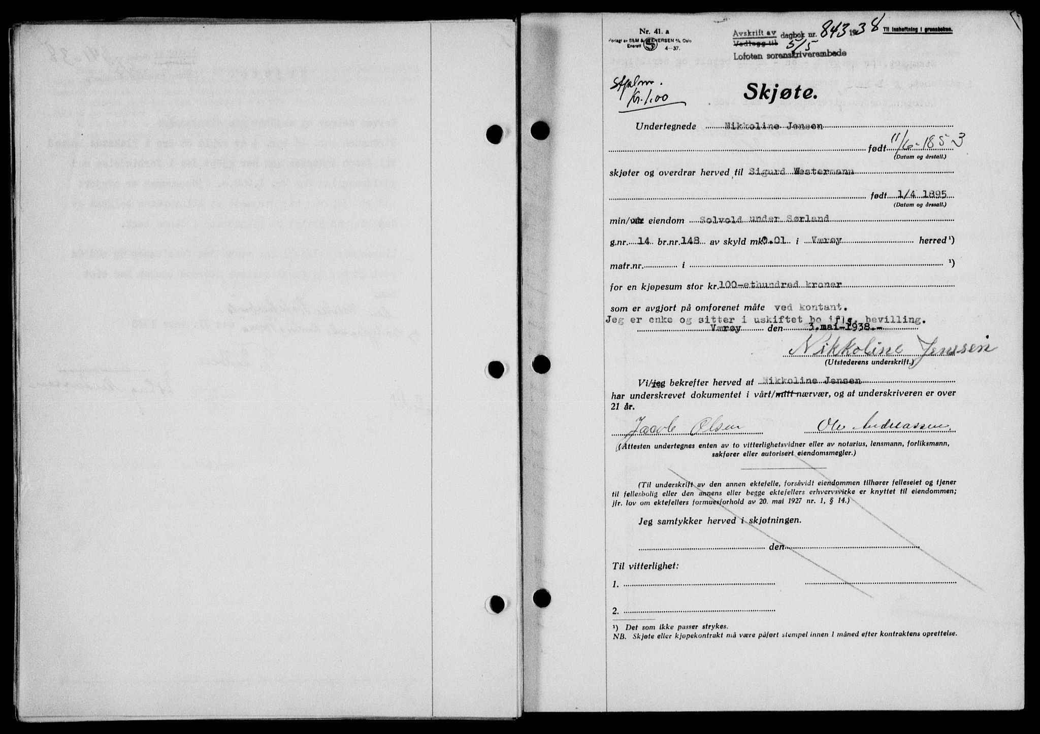 Lofoten sorenskriveri, SAT/A-0017/1/2/2C/L0004a: Mortgage book no. 4a, 1938-1938, Diary no: : 843/1938