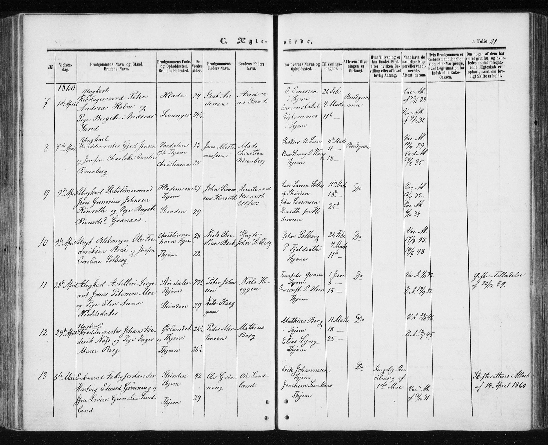 Ministerialprotokoller, klokkerbøker og fødselsregistre - Sør-Trøndelag, SAT/A-1456/601/L0053: Parish register (official) no. 601A21, 1857-1865, p. 21