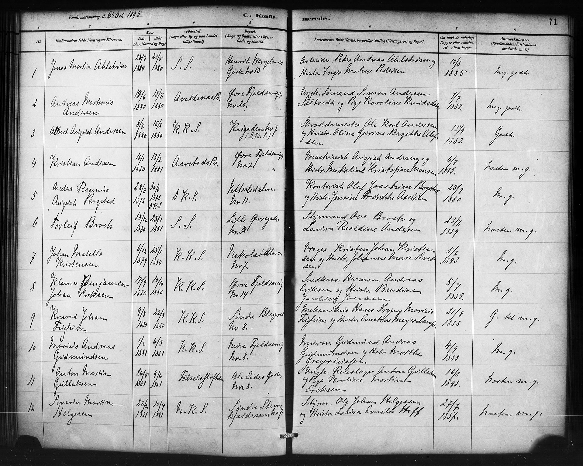 Korskirken sokneprestembete, SAB/A-76101/H/Haa/L0071: Curate's parish register no. A 6, 1885-1912, p. 71