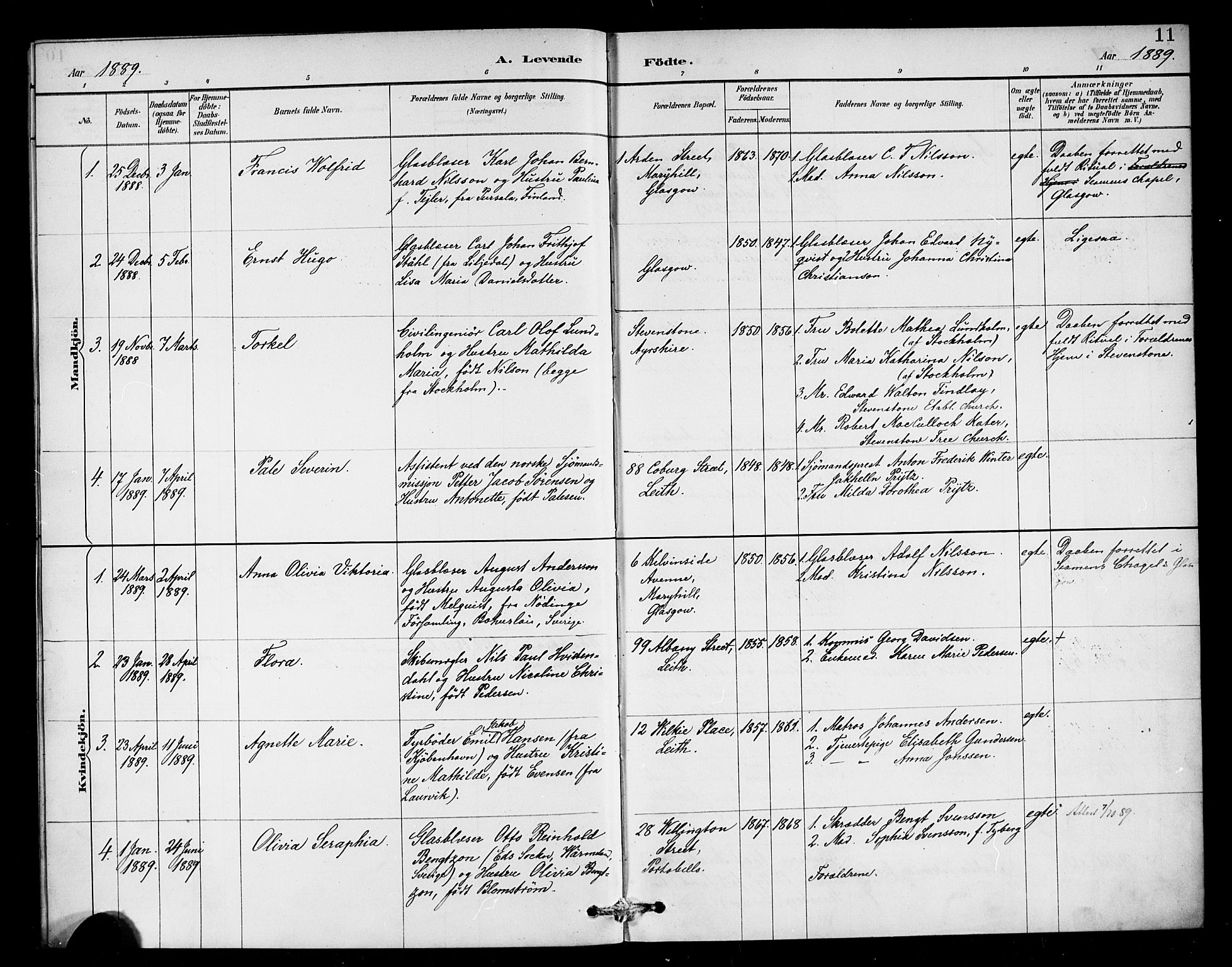Den norske sjømannsmisjon i utlandet/Skotske havner (Leith, Glasgow), SAB/SAB/PA-0100/H/Ha/Haa/L0003: Parish register (official) no. A 3, 1887-1898, p. 11
