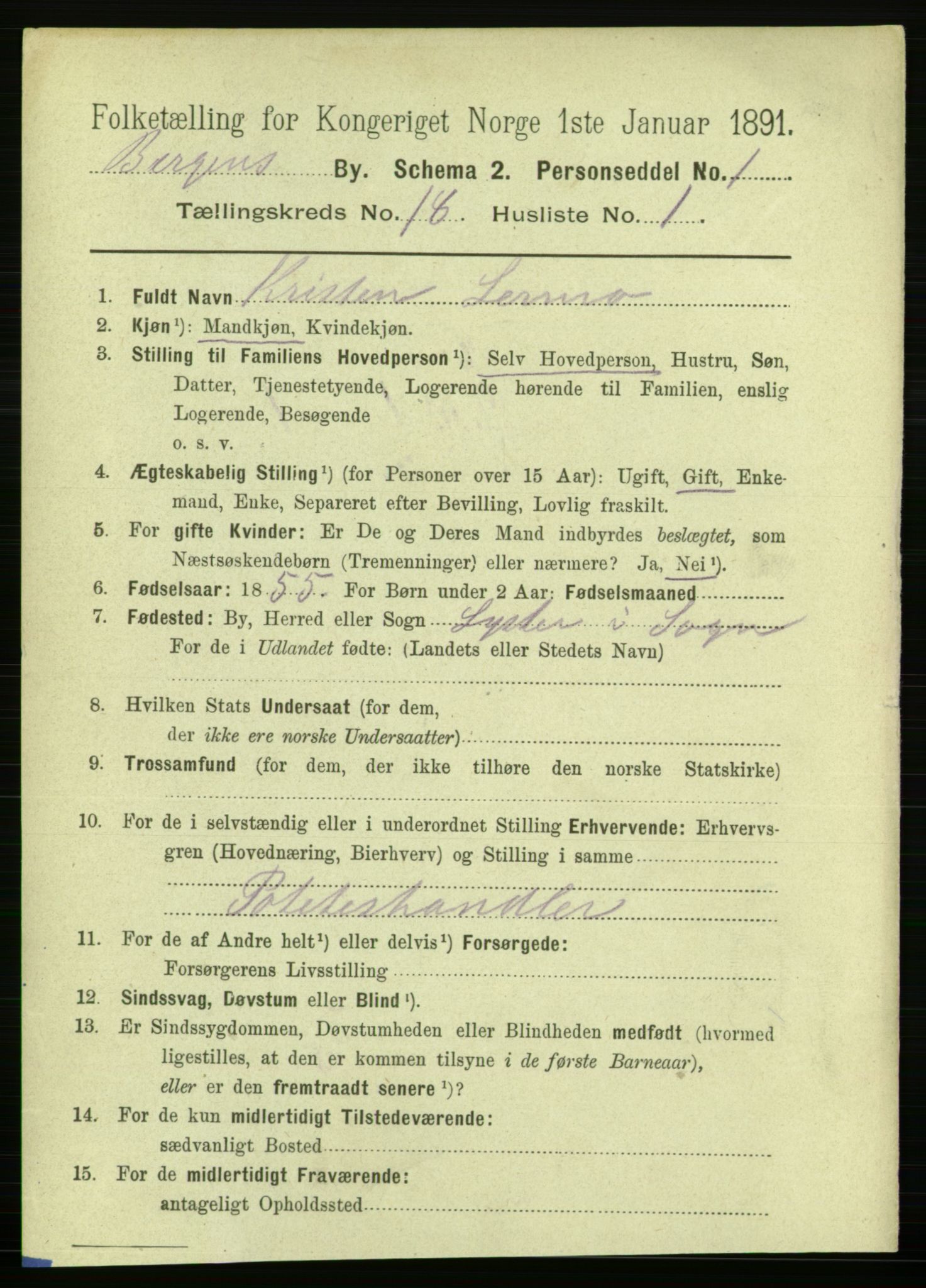 RA, 1891 Census for 1301 Bergen, 1891, p. 26054