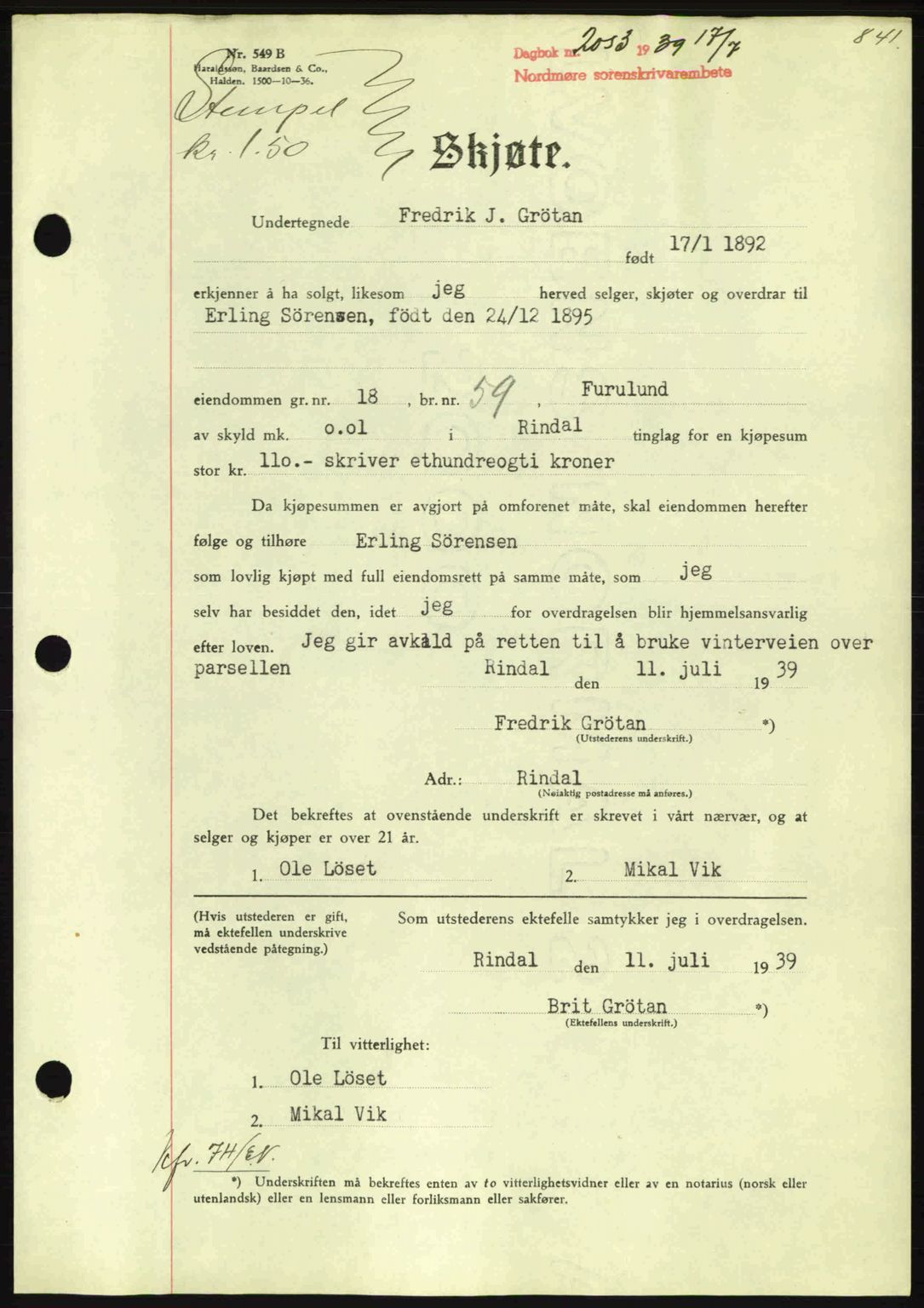 Nordmøre sorenskriveri, AV/SAT-A-4132/1/2/2Ca: Mortgage book no. A86, 1939-1939, Diary no: : 2053/1939