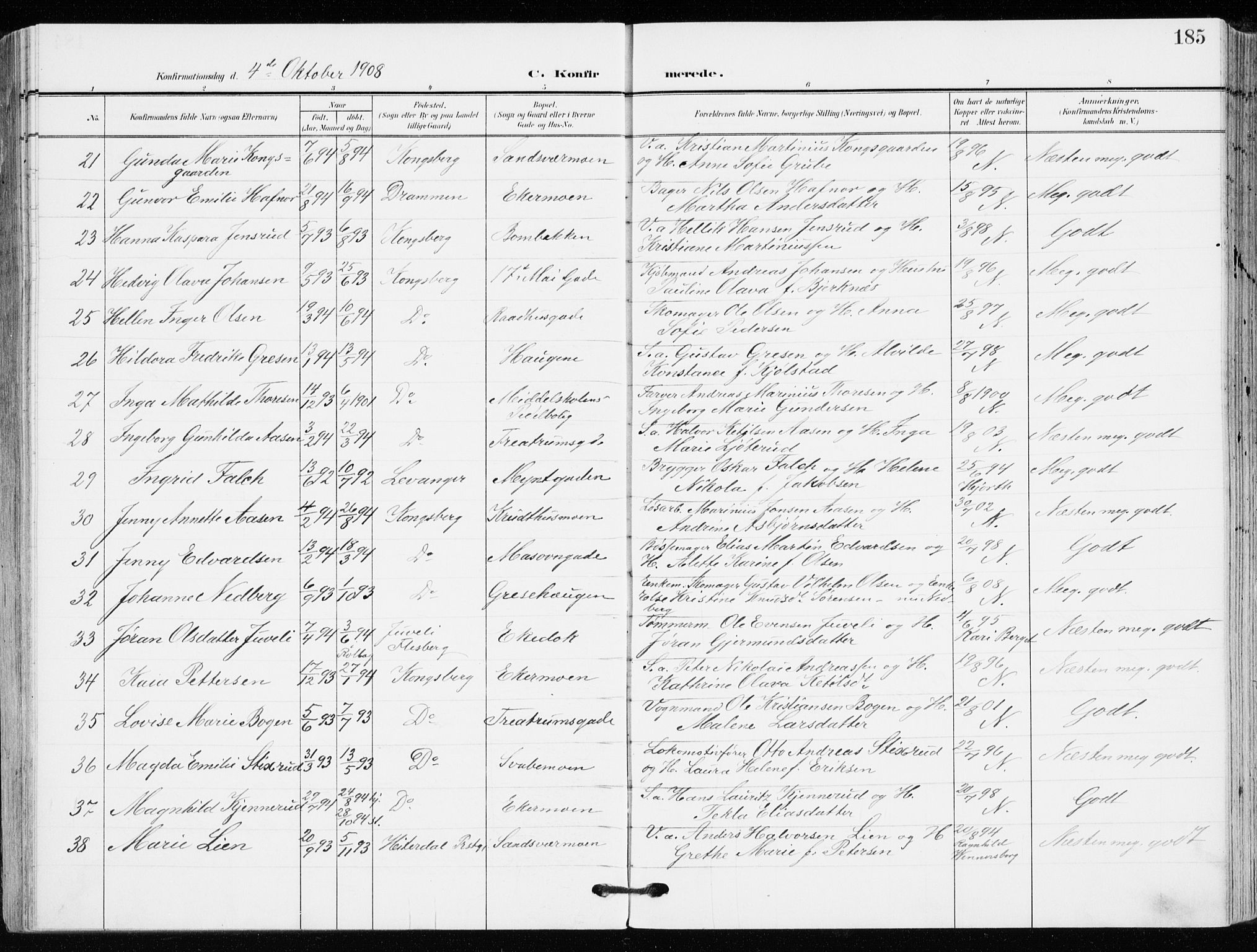 Kongsberg kirkebøker, AV/SAKO-A-22/F/Fb/L0004: Parish register (official) no. II 4, 1906-1918, p. 185