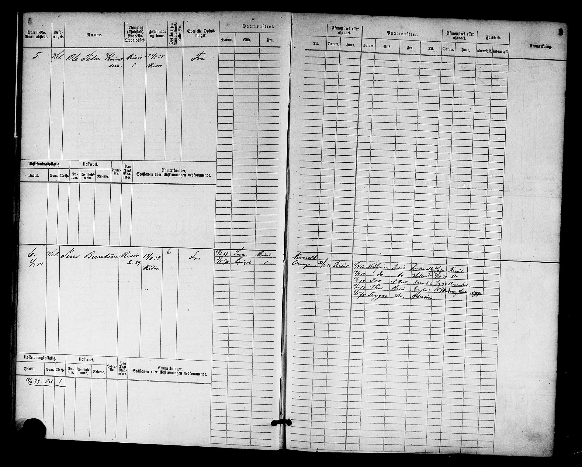 Risør mønstringskrets, SAK/2031-0010/F/Fb/L0002: Hovedrulle nr 1-766, Q-2, 1868-1878, p. 5