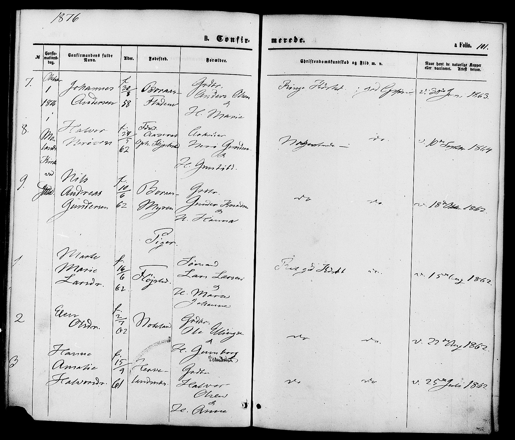 Austre Moland sokneprestkontor, AV/SAK-1111-0001/F/Fa/Faa/L0009: Parish register (official) no. A 9, 1869-1879, p. 101