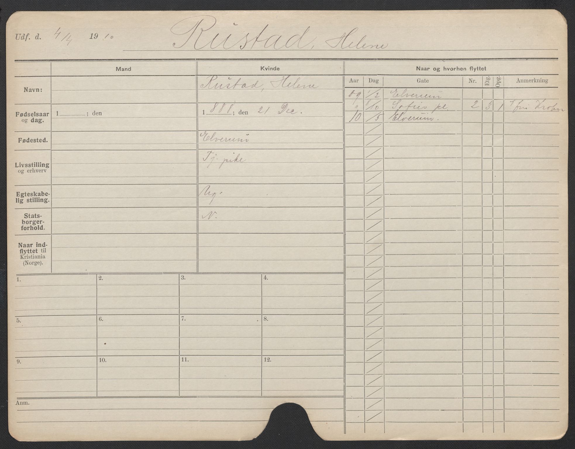 Oslo folkeregister, Registerkort, AV/SAO-A-11715/F/Fa/Fac/L0023: Kvinner, 1906-1914, p. 381a