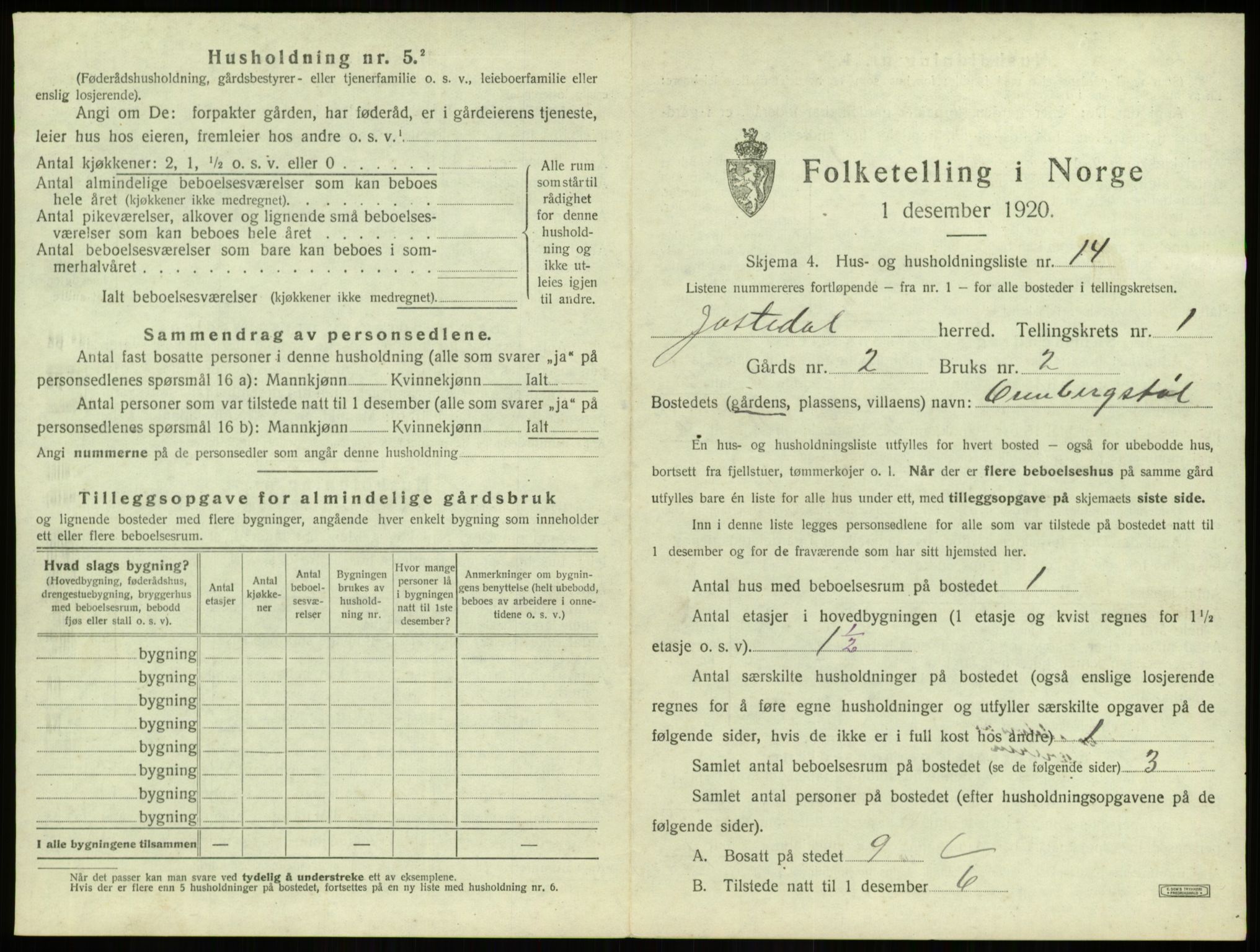 SAB, 1920 census for Jostedal, 1920, p. 46