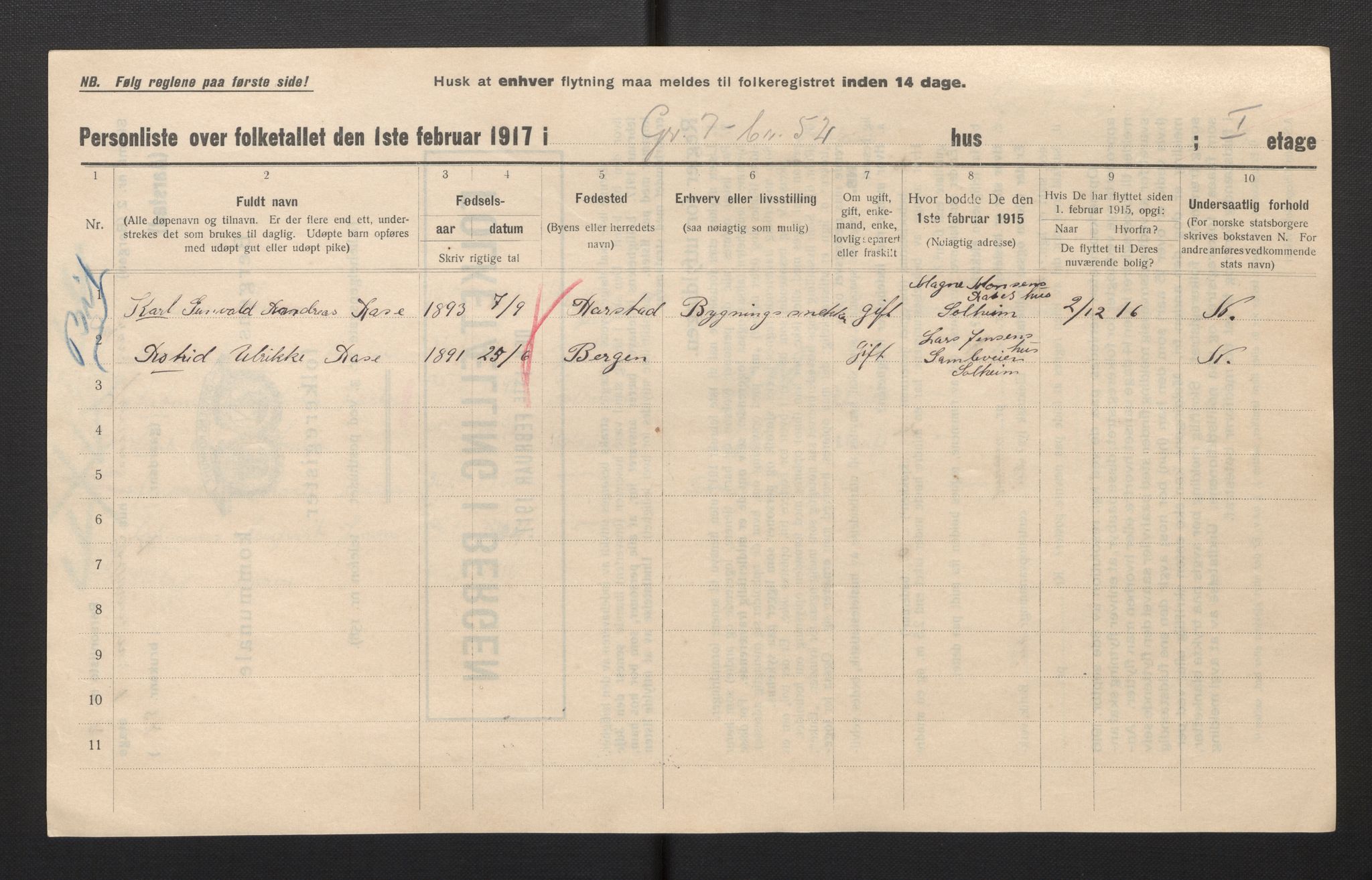 SAB, Municipal Census 1917 for Bergen, 1917, p. 48738