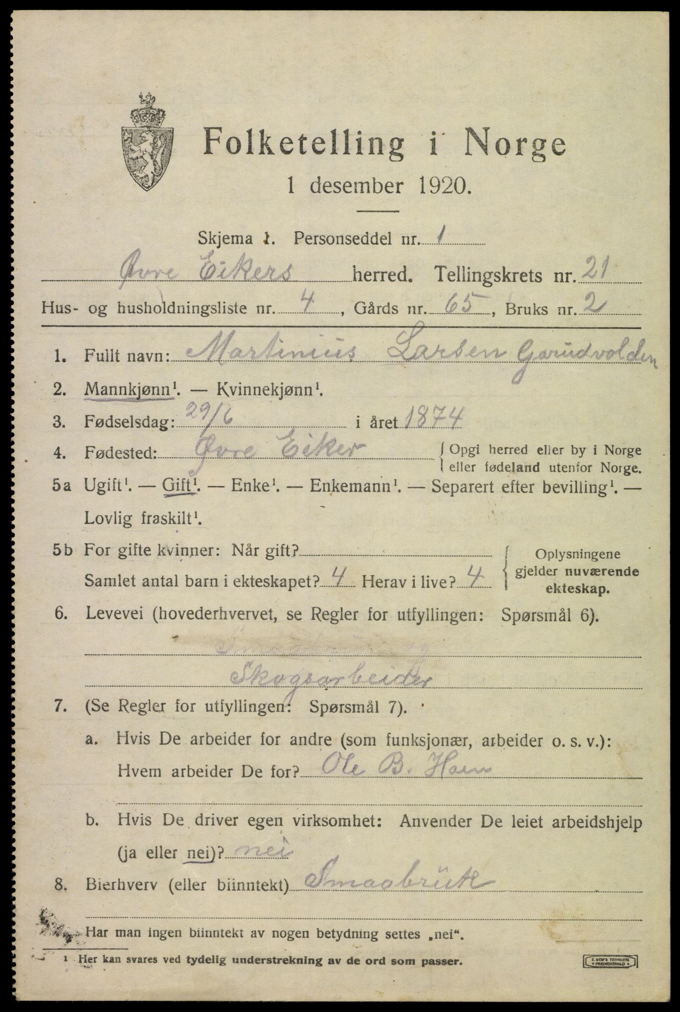 SAKO, 1920 census for Øvre Eiker, 1920, p. 22650