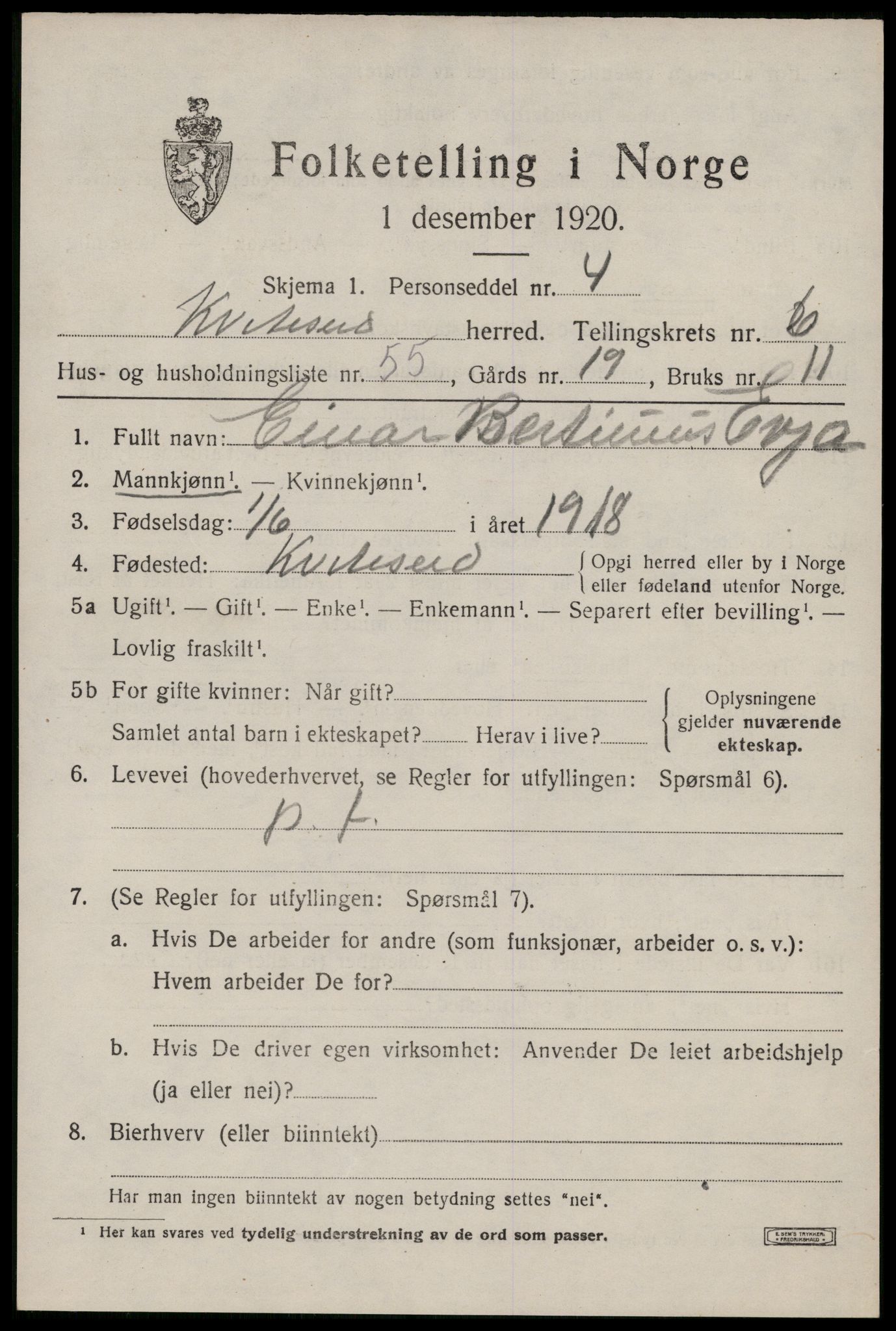 SAKO, 1920 census for Kviteseid, 1920, p. 3513