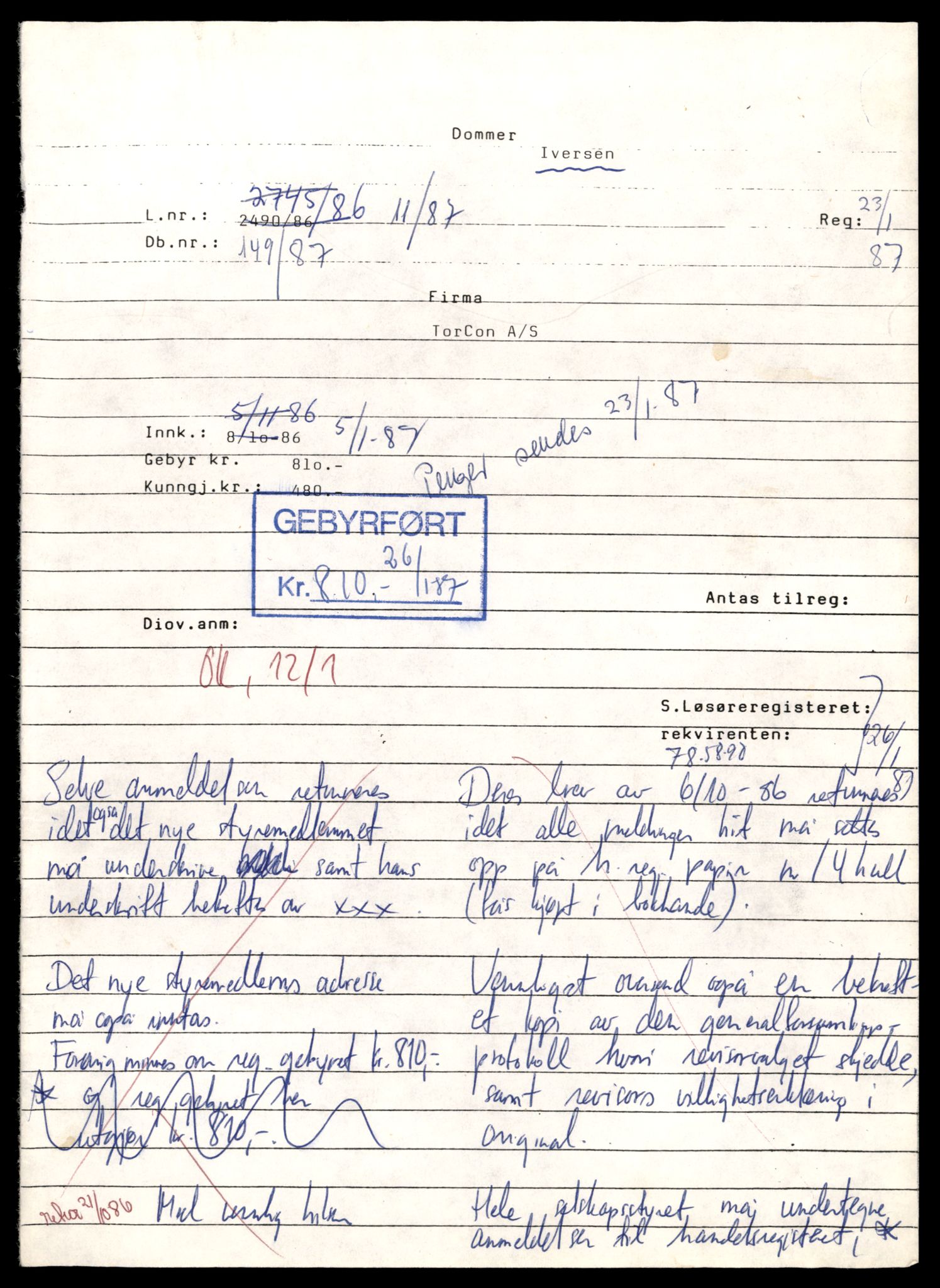 Asker og Bærum tingrett, SAT/A-10379/K/Kb/Kbb/L0040: Aksjeselskap og andelslagi Asker, Tor - Un , 1962-1989, p. 1