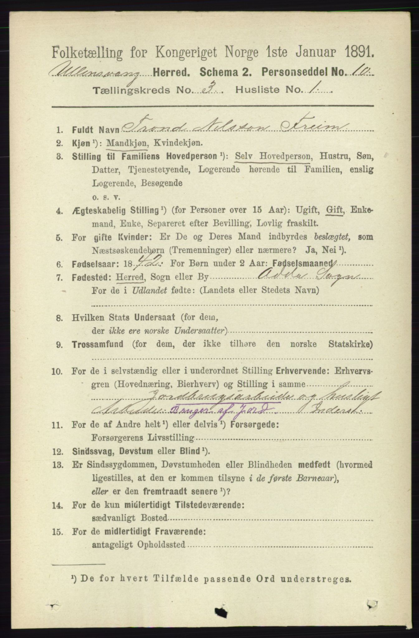 RA, 1891 census for 1230 Ullensvang, 1891, p. 594