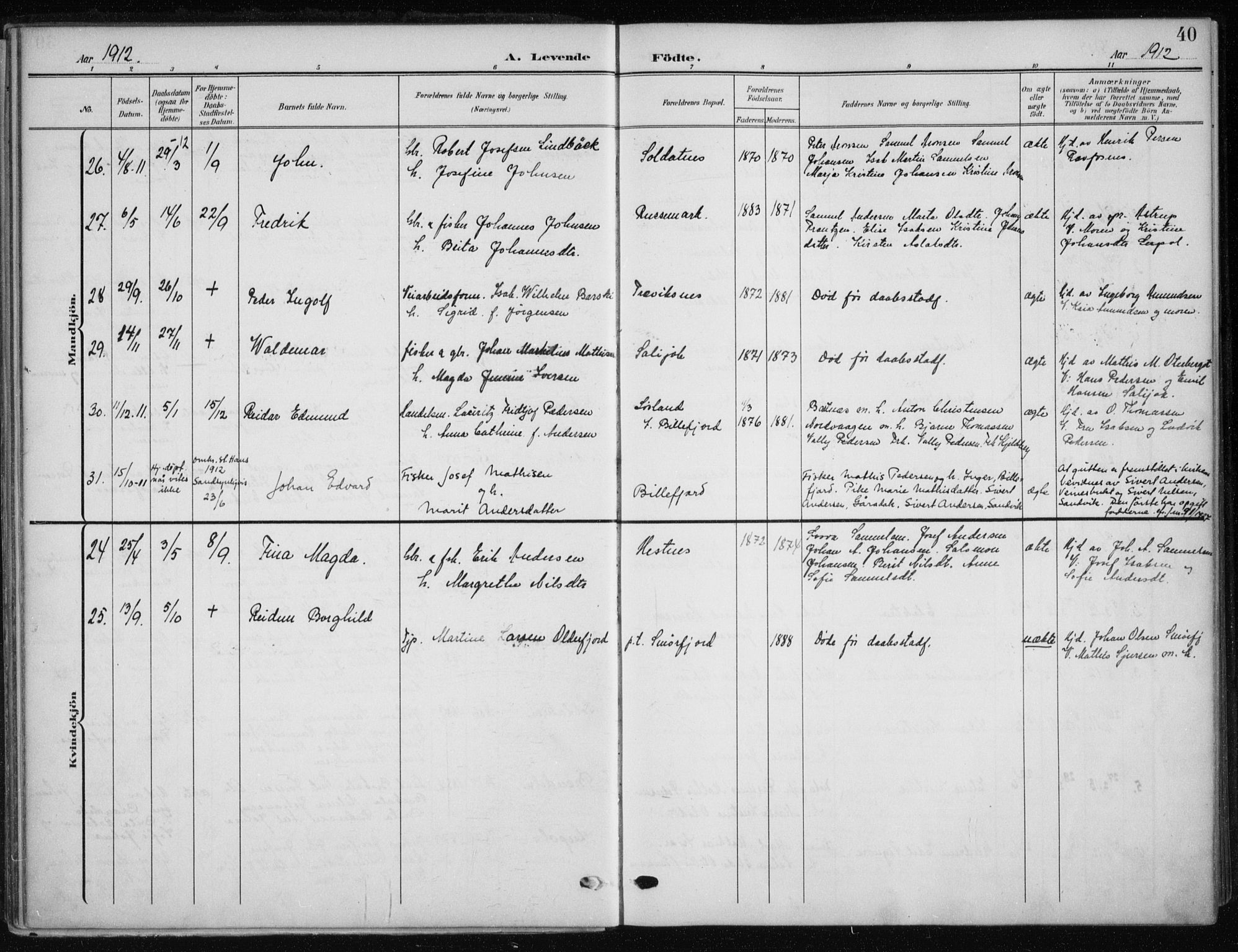 Kistrand/Porsanger sokneprestembete, AV/SATØ-S-1351/H/Ha/L0014.kirke: Parish register (official) no. 14, 1908-1917, p. 40