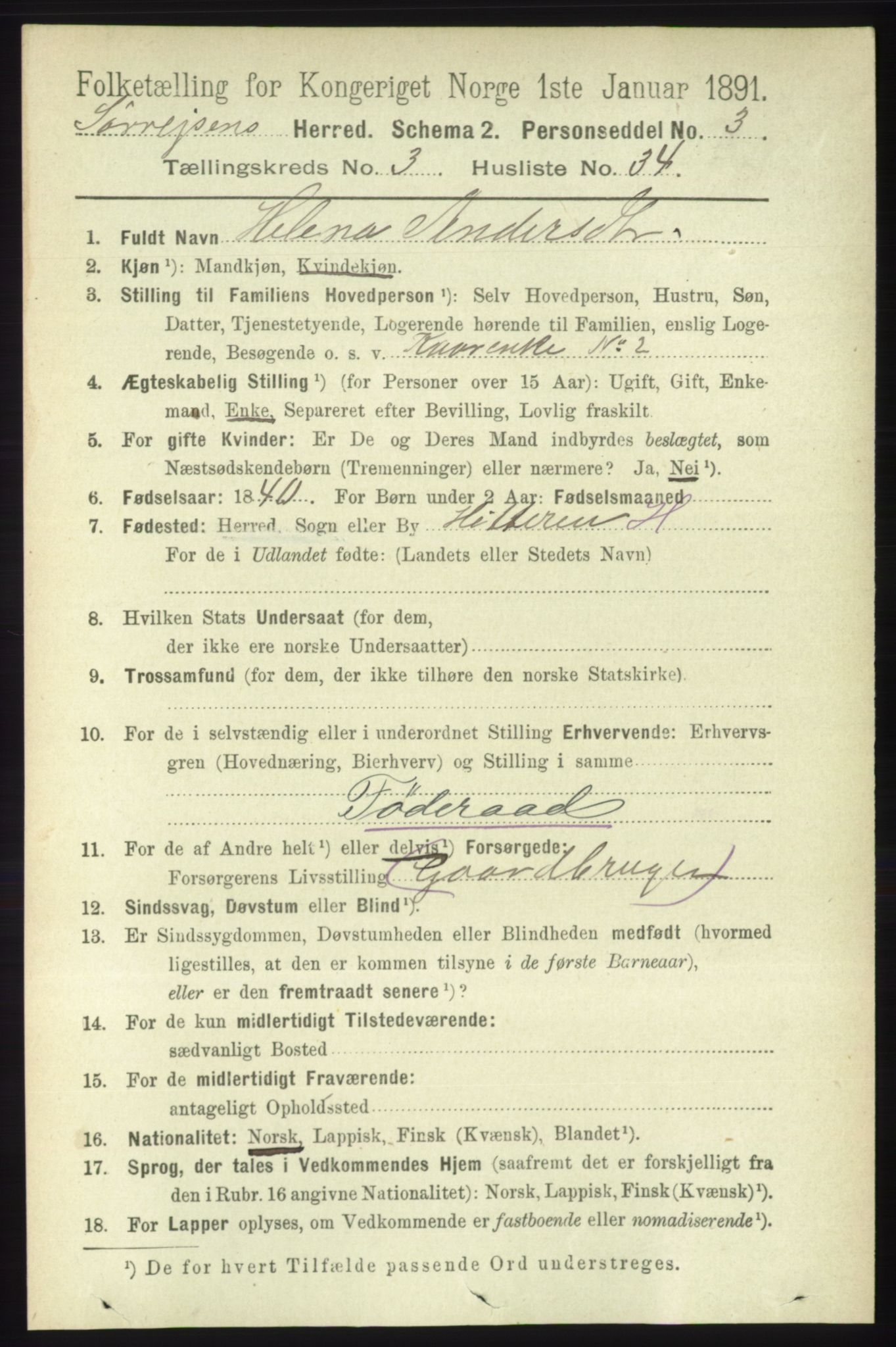 RA, 1891 census for 1925 Sørreisa, 1891, p. 967