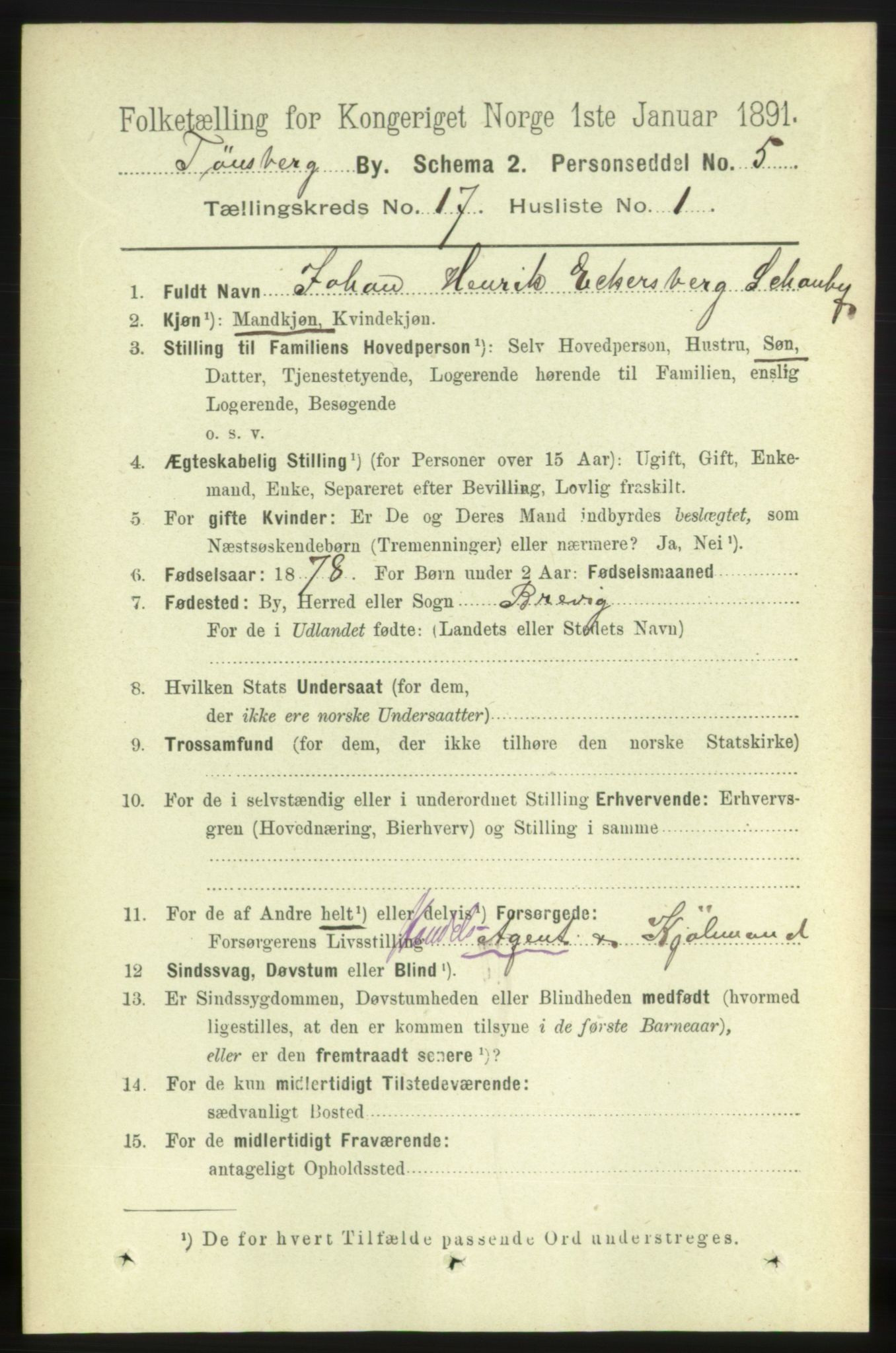 RA, 1891 census for 0705 Tønsberg, 1891, p. 4936