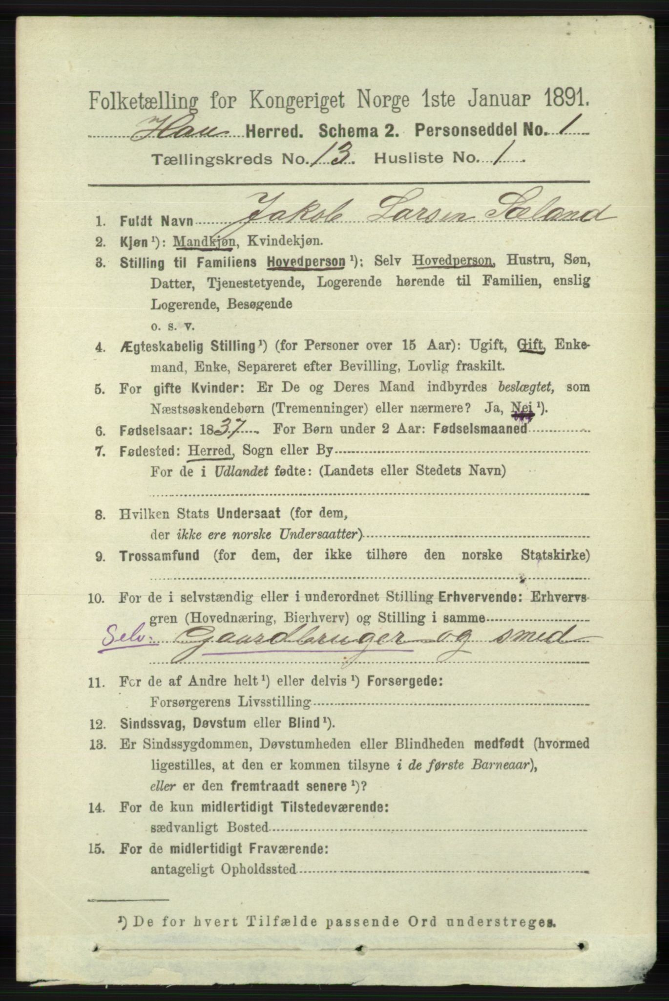 RA, 1891 census for 1119 Hå, 1891, p. 3156