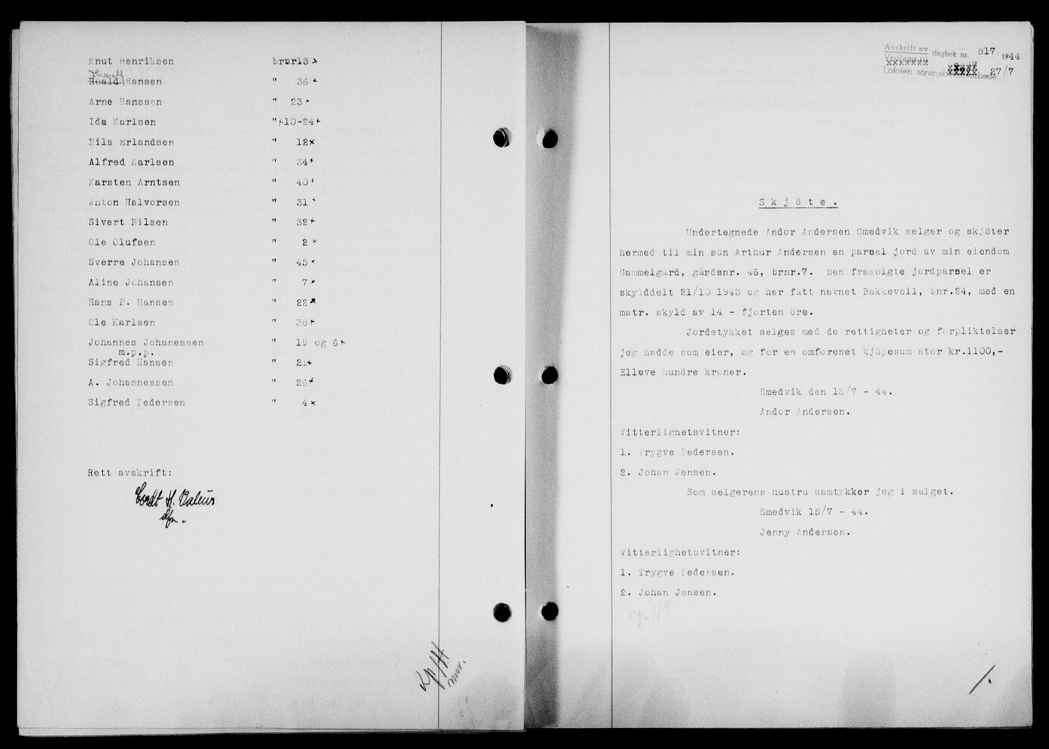 Lofoten sorenskriveri, SAT/A-0017/1/2/2C/L0012a: Mortgage book no. 12a, 1943-1944, Diary no: : 817/1944