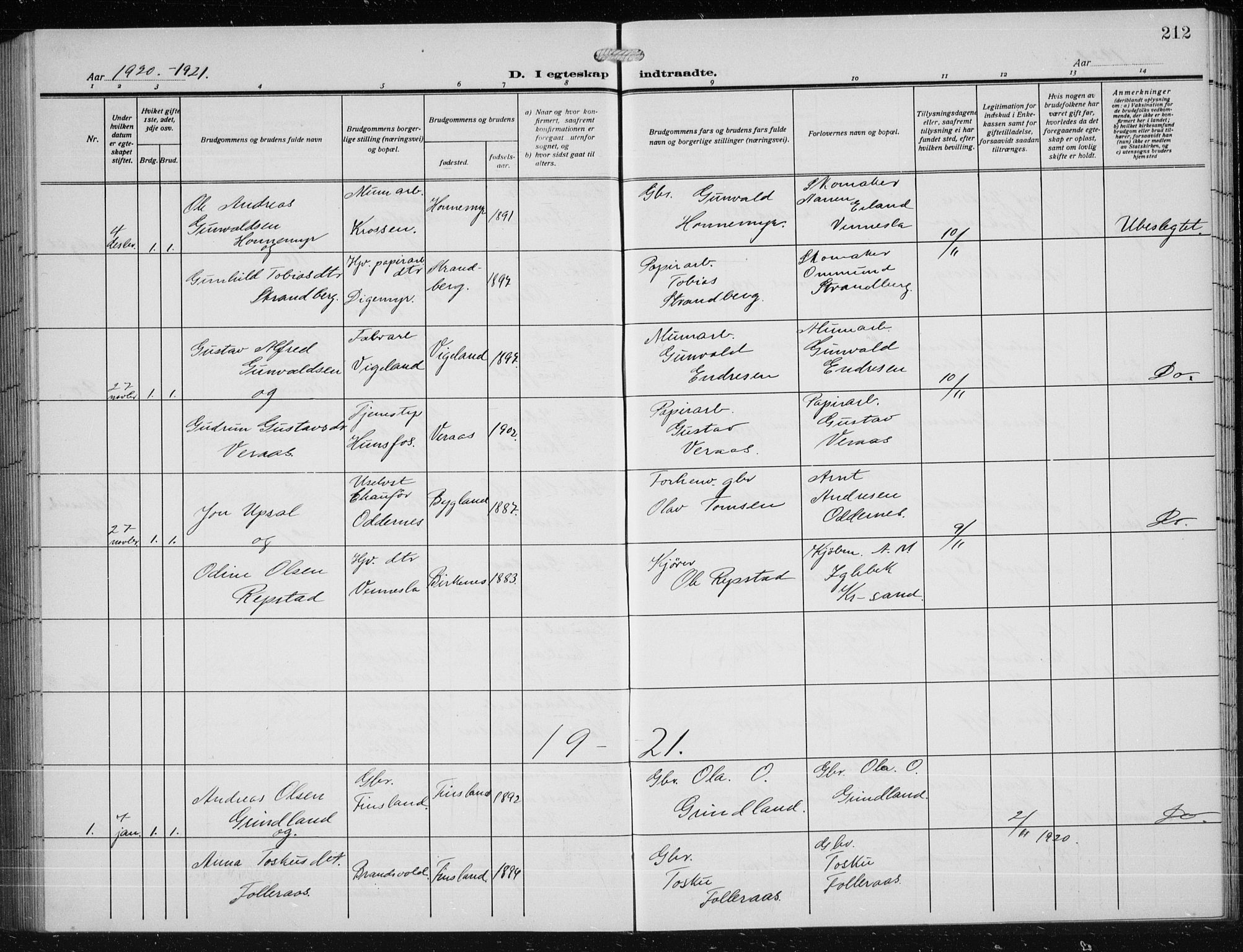 Vennesla sokneprestkontor, SAK/1111-0045/Fb/Fbb/L0006: Parish register (copy) no. B 6, 1914-1921, p. 212