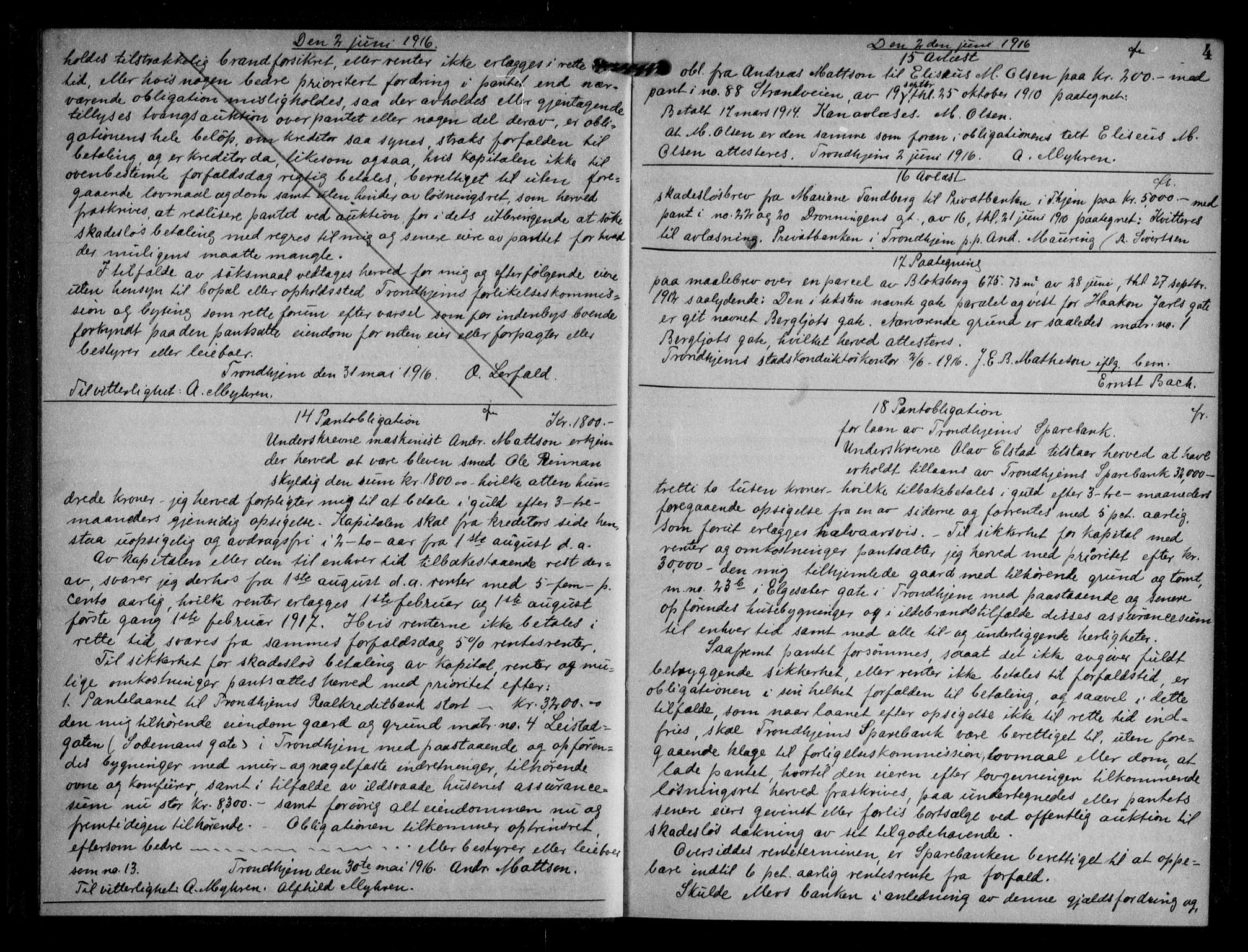 Trondheim byfogd, AV/SAT-A-0003/1/2/2C/L0057: Mortgage book no. 56, 1916-1917, p. 4