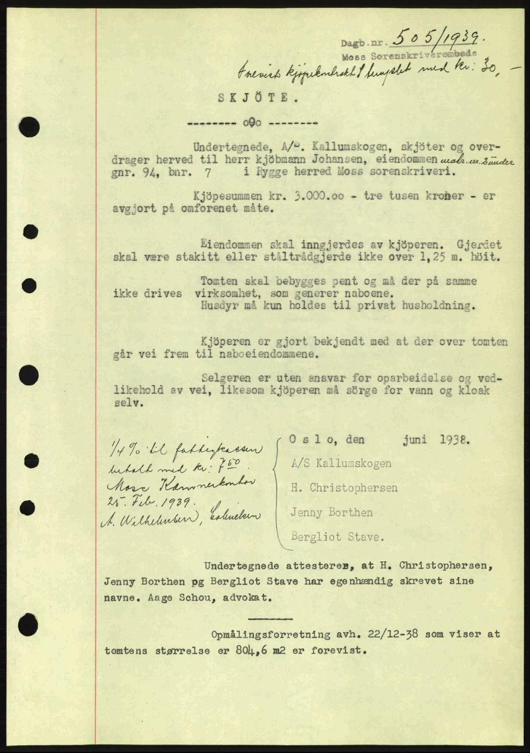 Moss sorenskriveri, SAO/A-10168: Mortgage book no. A5, 1938-1939, Diary no: : 505/1939