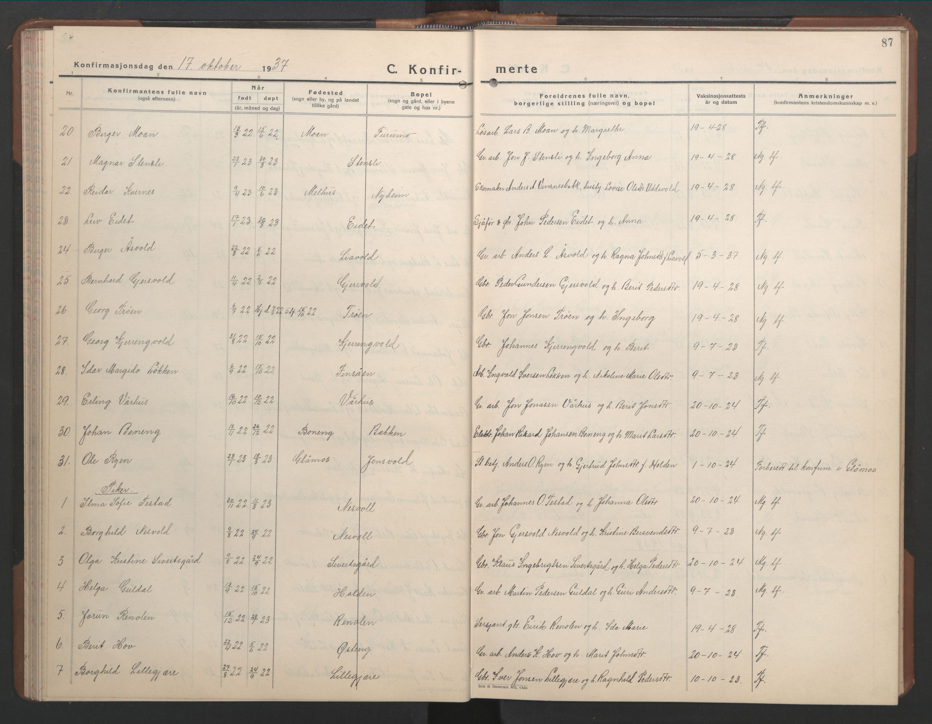 Ministerialprotokoller, klokkerbøker og fødselsregistre - Sør-Trøndelag, SAT/A-1456/686/L0986: Parish register (copy) no. 686C02, 1933-1950, p. 87