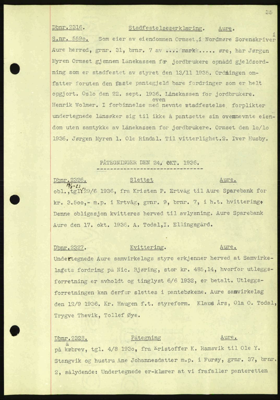 Nordmøre sorenskriveri, AV/SAT-A-4132/1/2/2Ca: Mortgage book no. C80, 1936-1939, Diary no: : 2316/1936