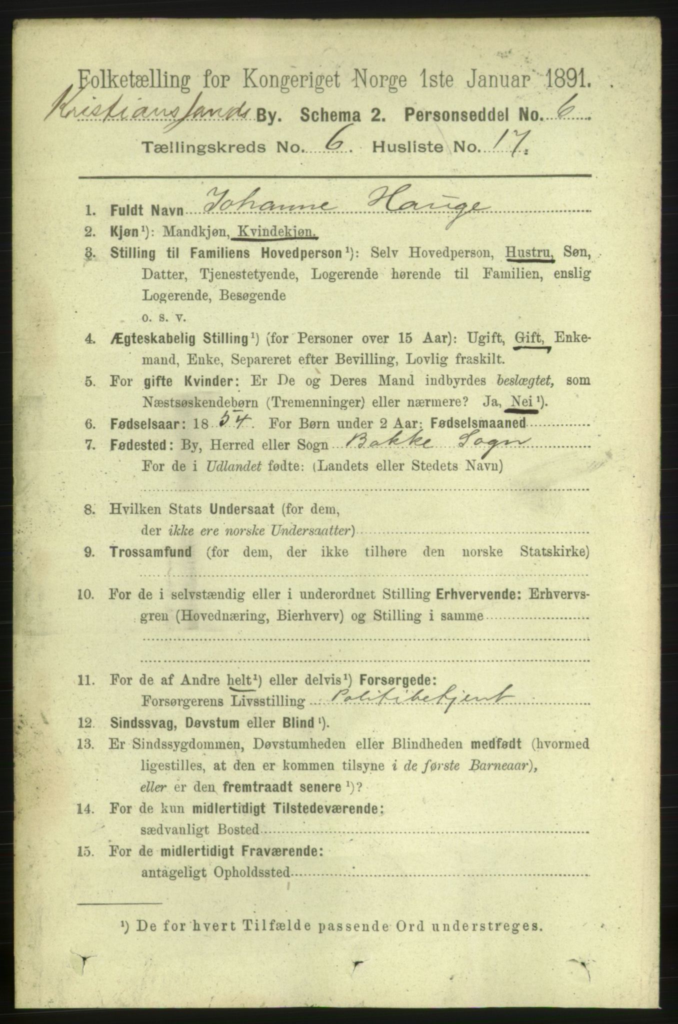 RA, 1891 census for 1001 Kristiansand, 1891, p. 4650