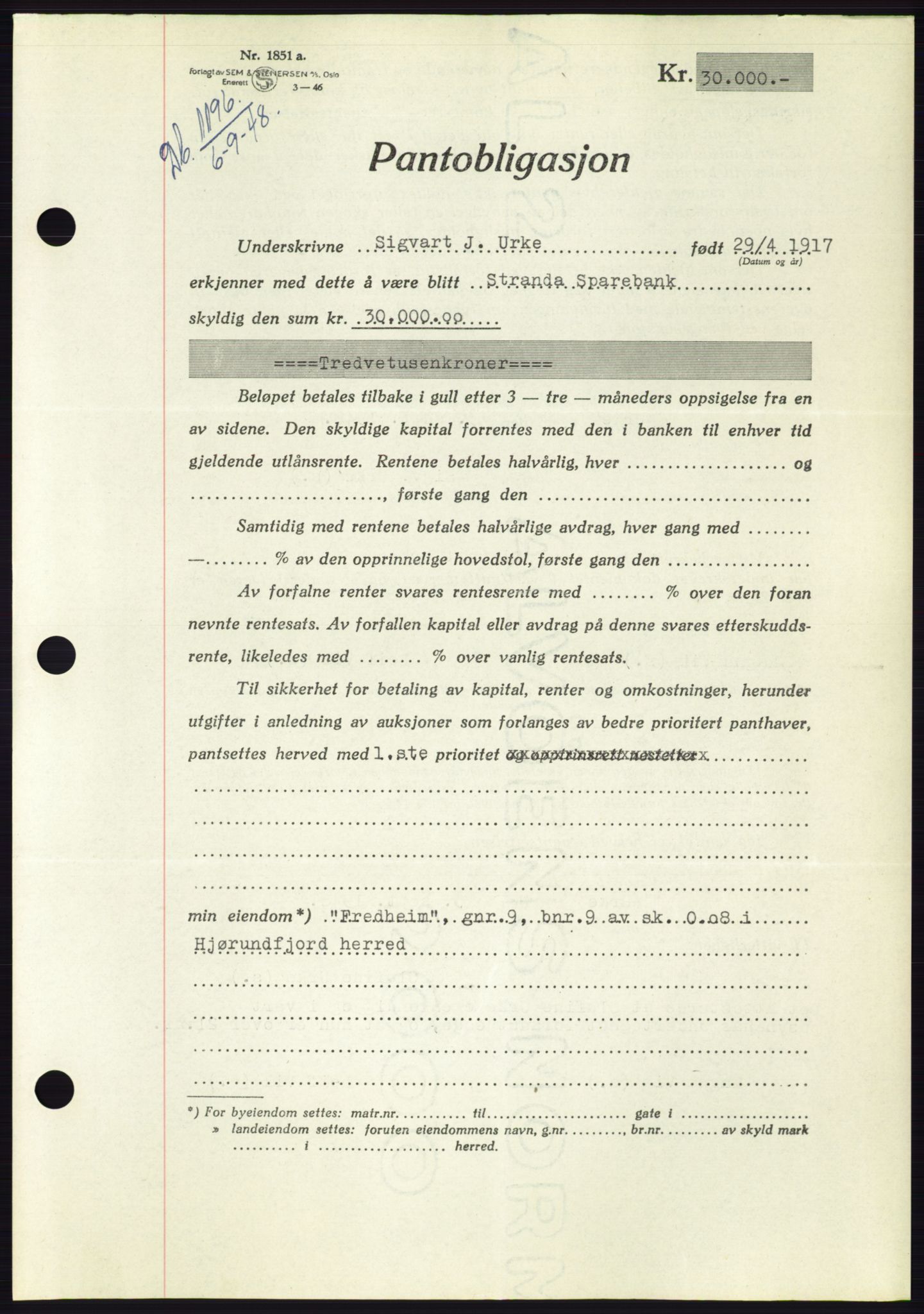 Søre Sunnmøre sorenskriveri, AV/SAT-A-4122/1/2/2C/L0116: Mortgage book no. 4B, 1948-1949, Diary no: : 1196/1948