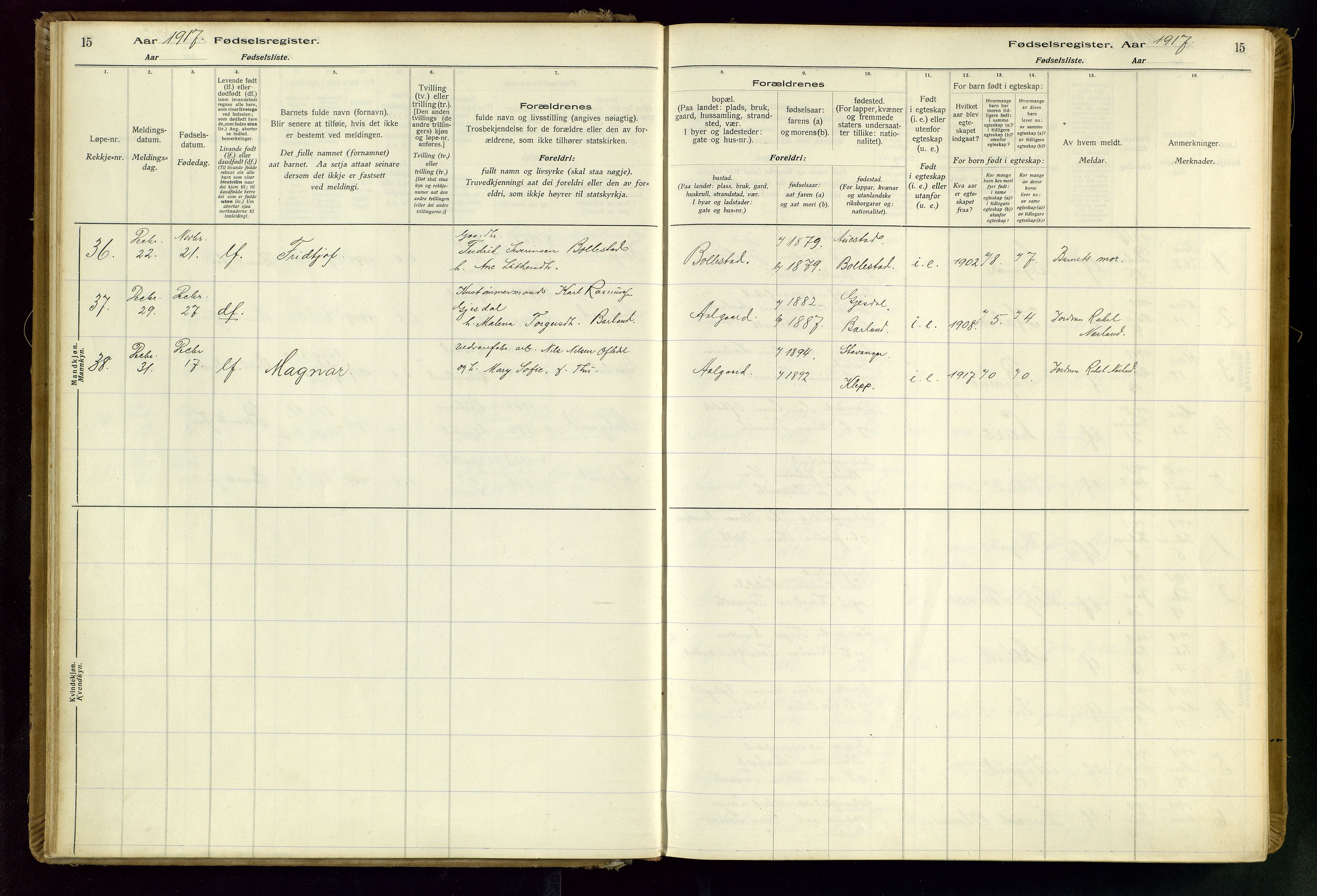 Gjesdal sokneprestkontor, AV/SAST-A-101796/002/O/L0001: Birth register no. 1, 1916-1949, p. 15