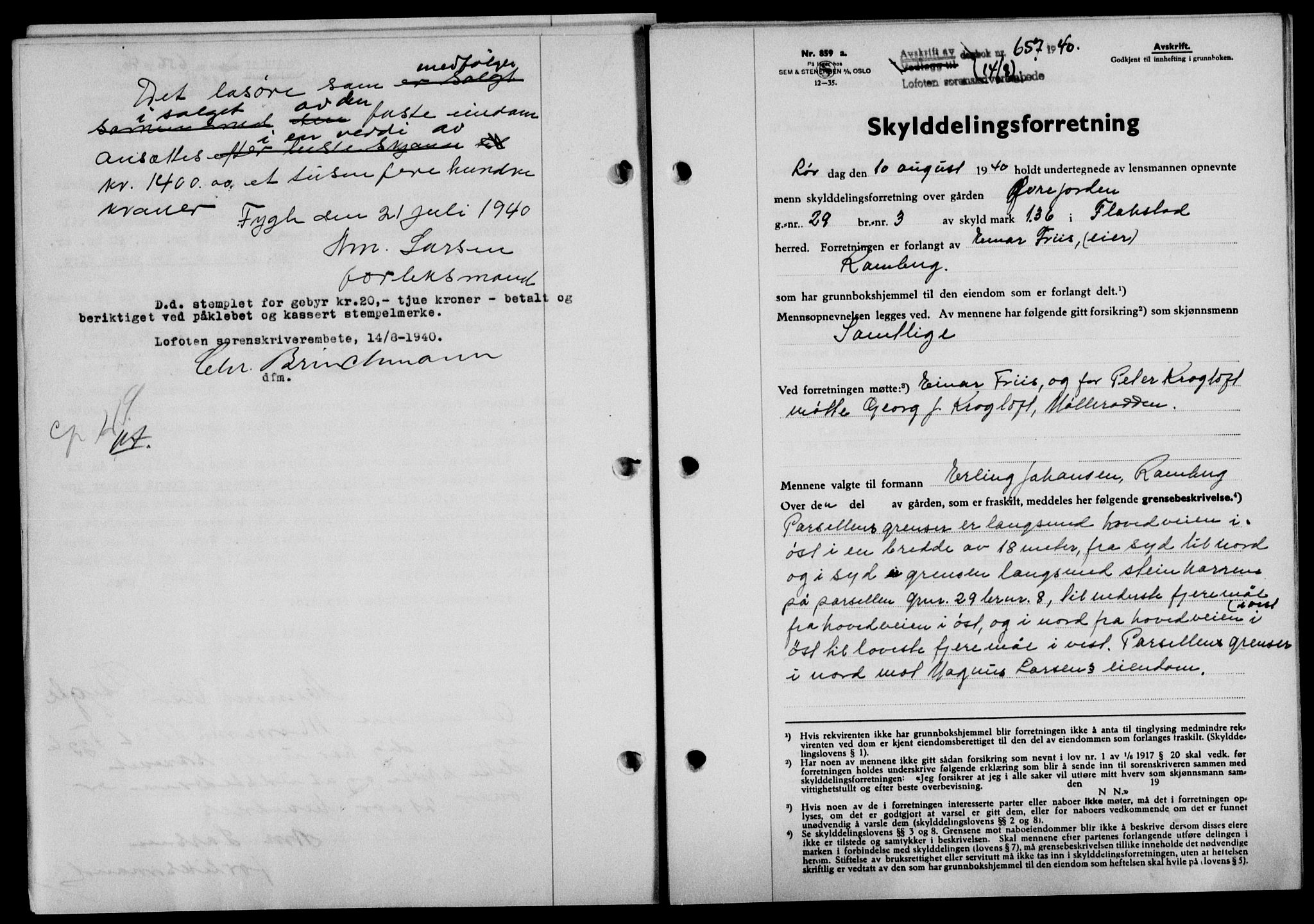 Lofoten sorenskriveri, SAT/A-0017/1/2/2C/L0007a: Mortgage book no. 7a, 1939-1940, Diary no: : 657/1940