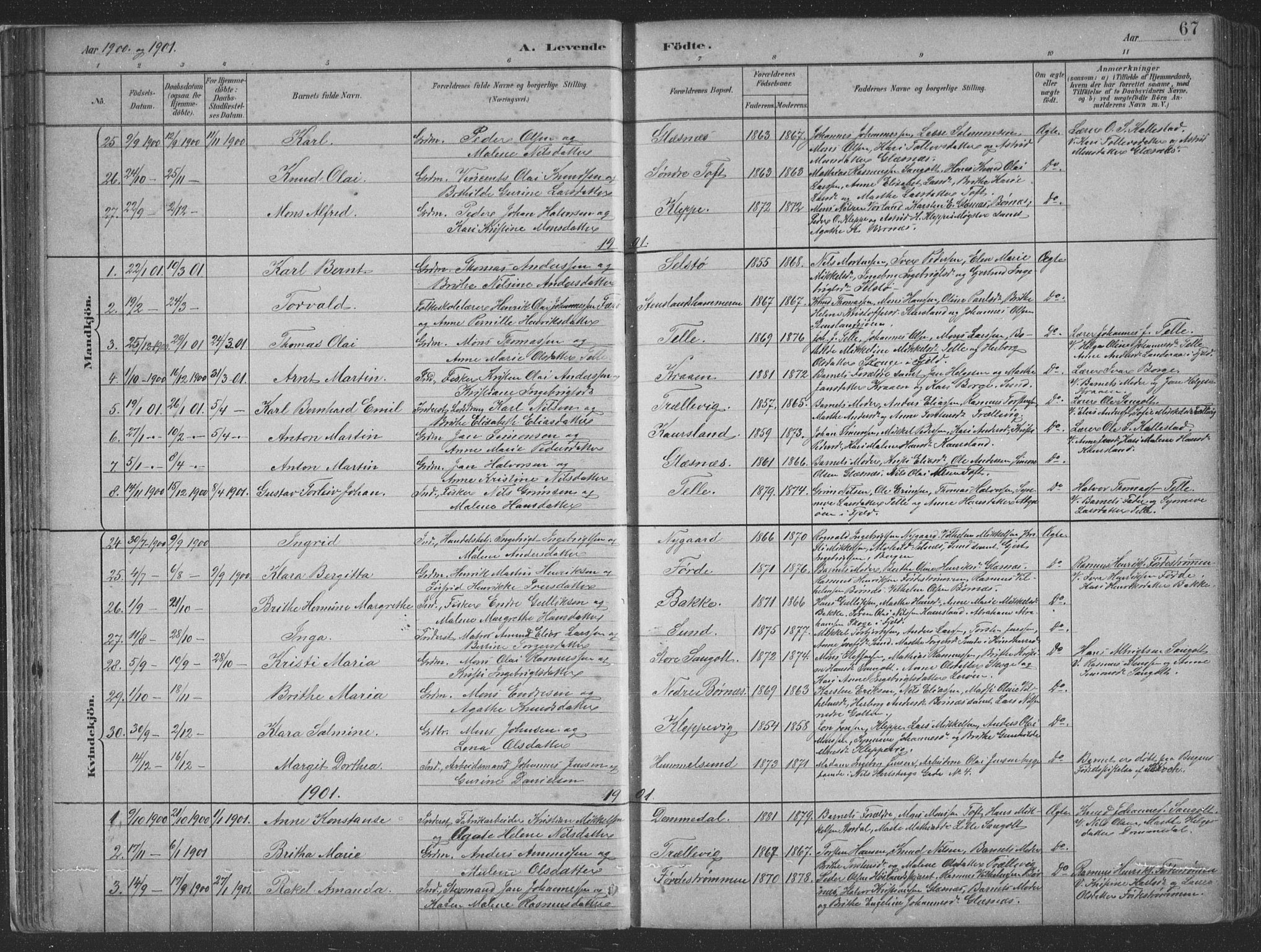 Sund sokneprestembete, SAB/A-99930: Parish register (copy) no. B 3, 1882-1911, p. 67